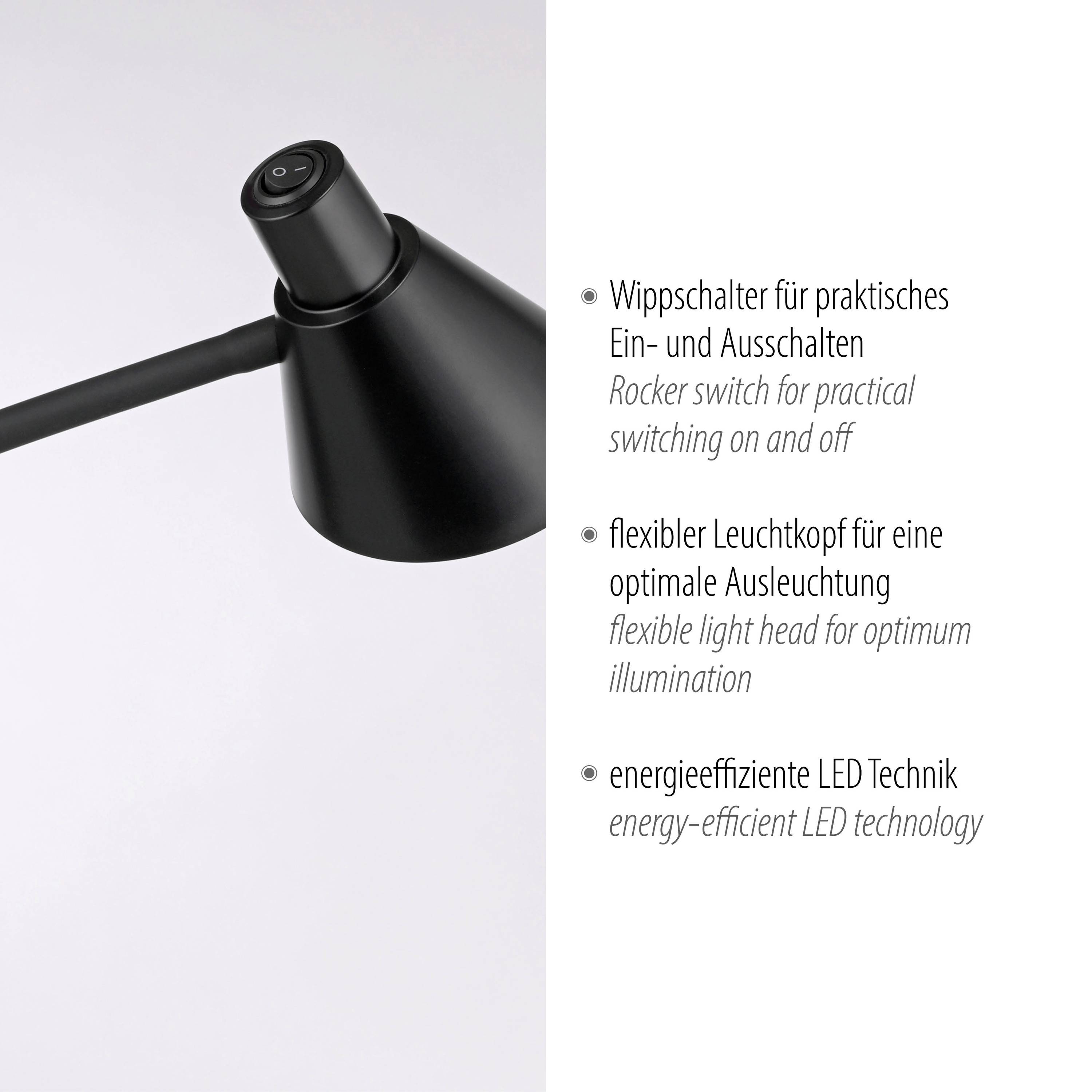 Schwarze Lampe mit Wippschalter für Ein- und Ausschalten; flexibler Leuchtkopf für optimale Lichtposition; energieeffiziente LED-Technik.