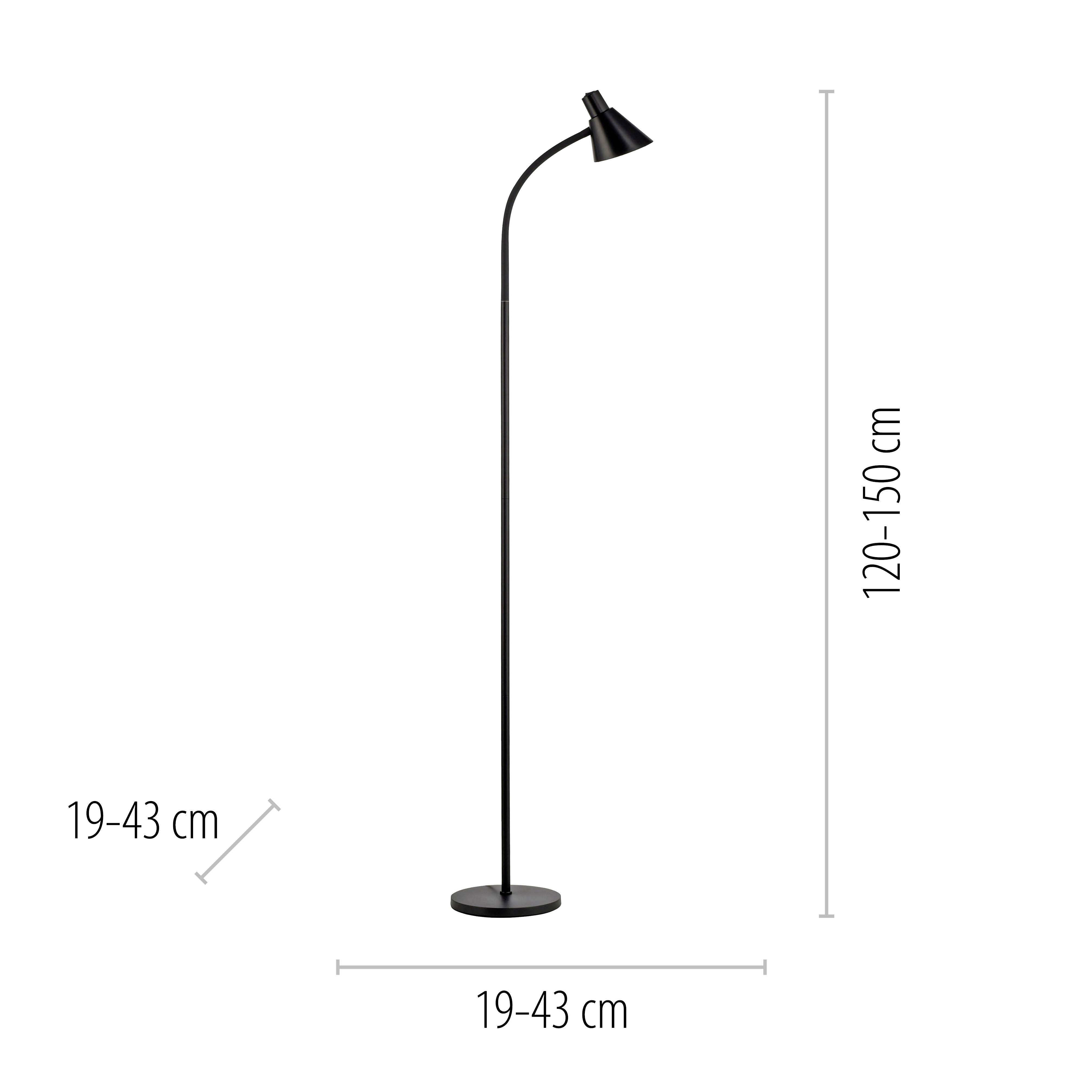 Stehlampe, schwarz, verstellbare Höhe 120-150 cm, Breite 19-43 cm, modernes Design mit rundem Sockel und schwenkbarem Kopf.