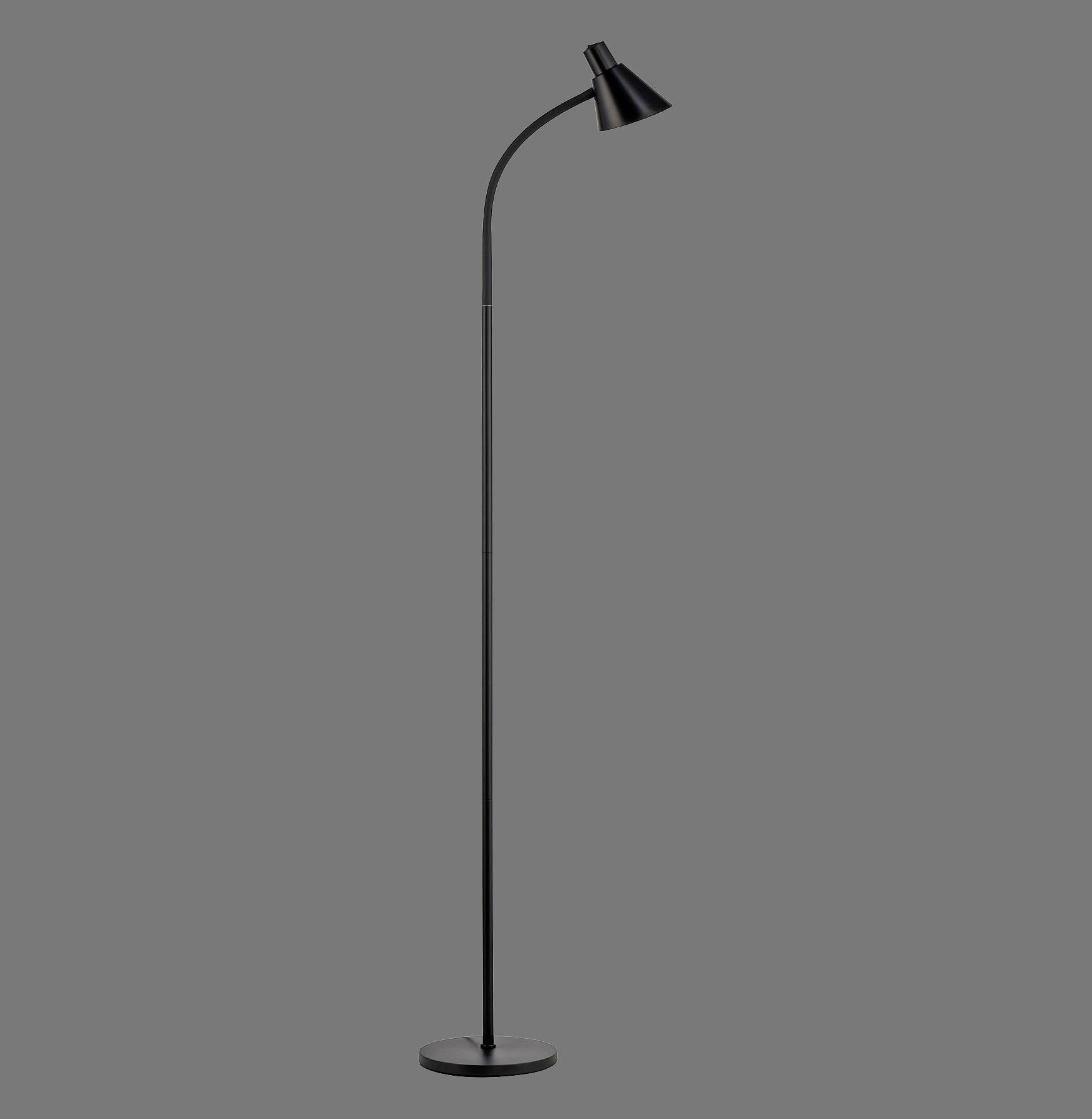 Stehlampe mit schlankem, schwarzem Design und verstellbarem Kopf auf grauem Hintergrund. Ideal für modernes Interieur.