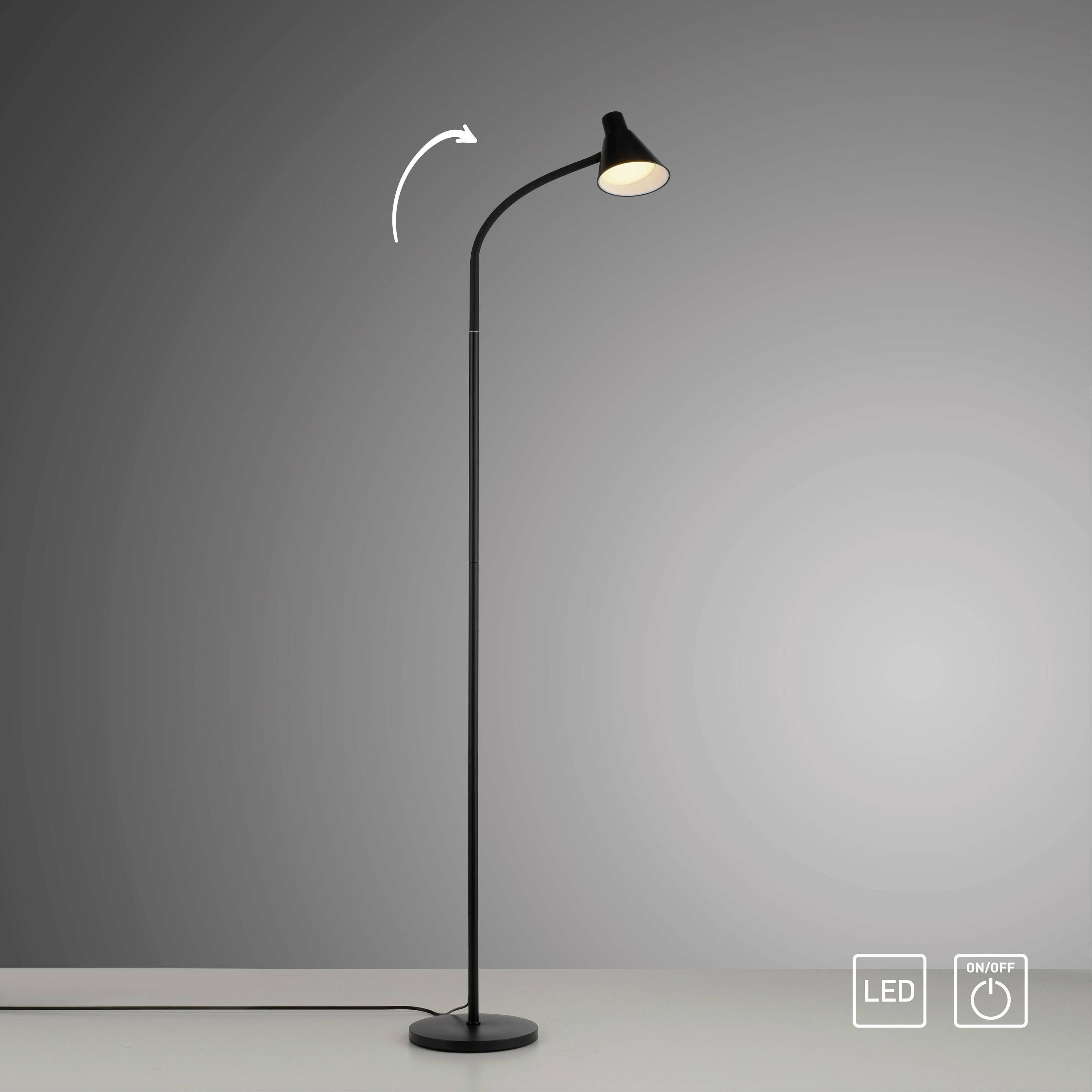 Stehlampe mit gebogenem Hals und angeleuchtetem Schirm, LED-Anzeige im unteren rechten Eck. Moderne, minimalistische Gestaltung.
