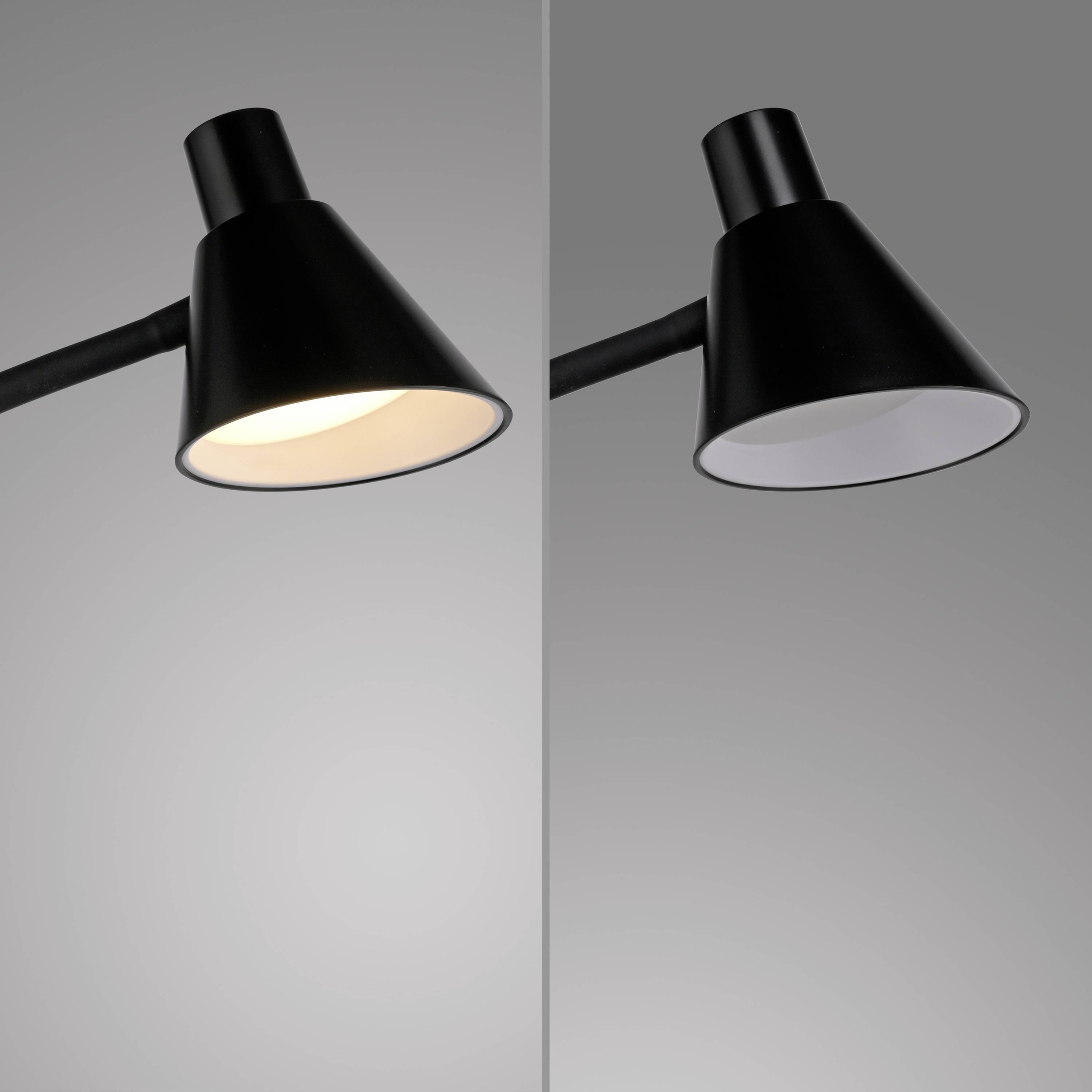 Zwei schwarze Schreibtischlampen: eine zeigt ein warmes Licht im eingeschalteten Zustand, die andere ist ausgeschaltet.