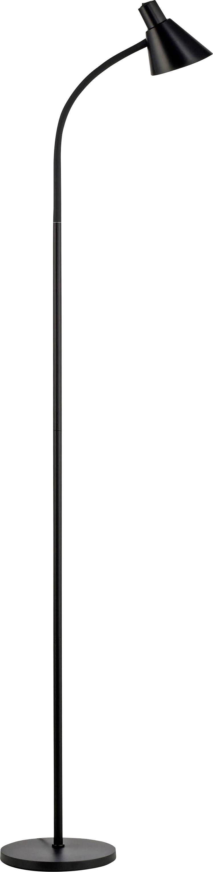 Schwarze Stehlampe mit gebogenem Hals, konischem Lampenschirm und rundem Sockel. Minimalistisches Design für modernes Ambiente.