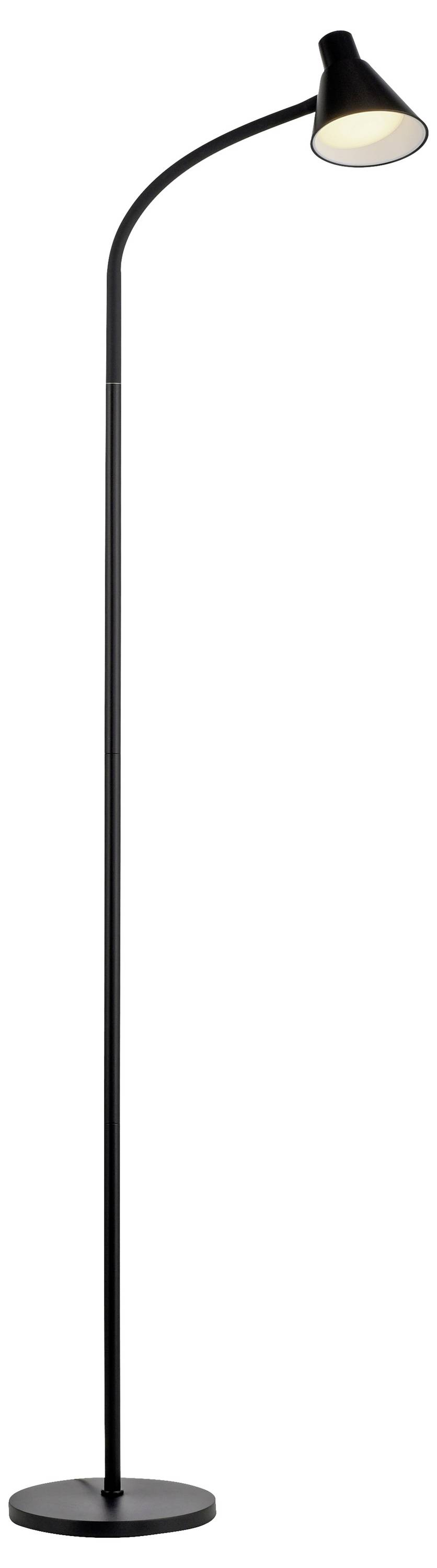 Stehlampe mit schlankem, gebogenem Design und rundem Sockel, schwarze Farbe, leuchtet nach unten. Minimalistischer Stil.