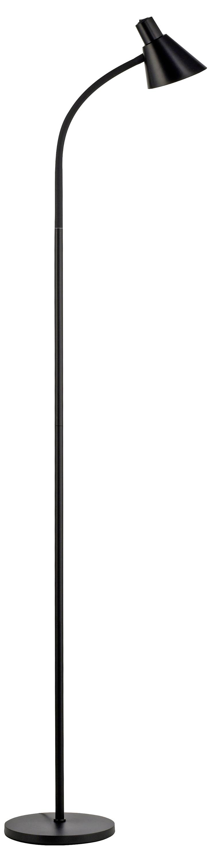 Schwarze Stehlampe mit schlankem Design, gebogenem Hals und konischem Lampenschirm. Ideal zur Beleuchtung von Leseecken.