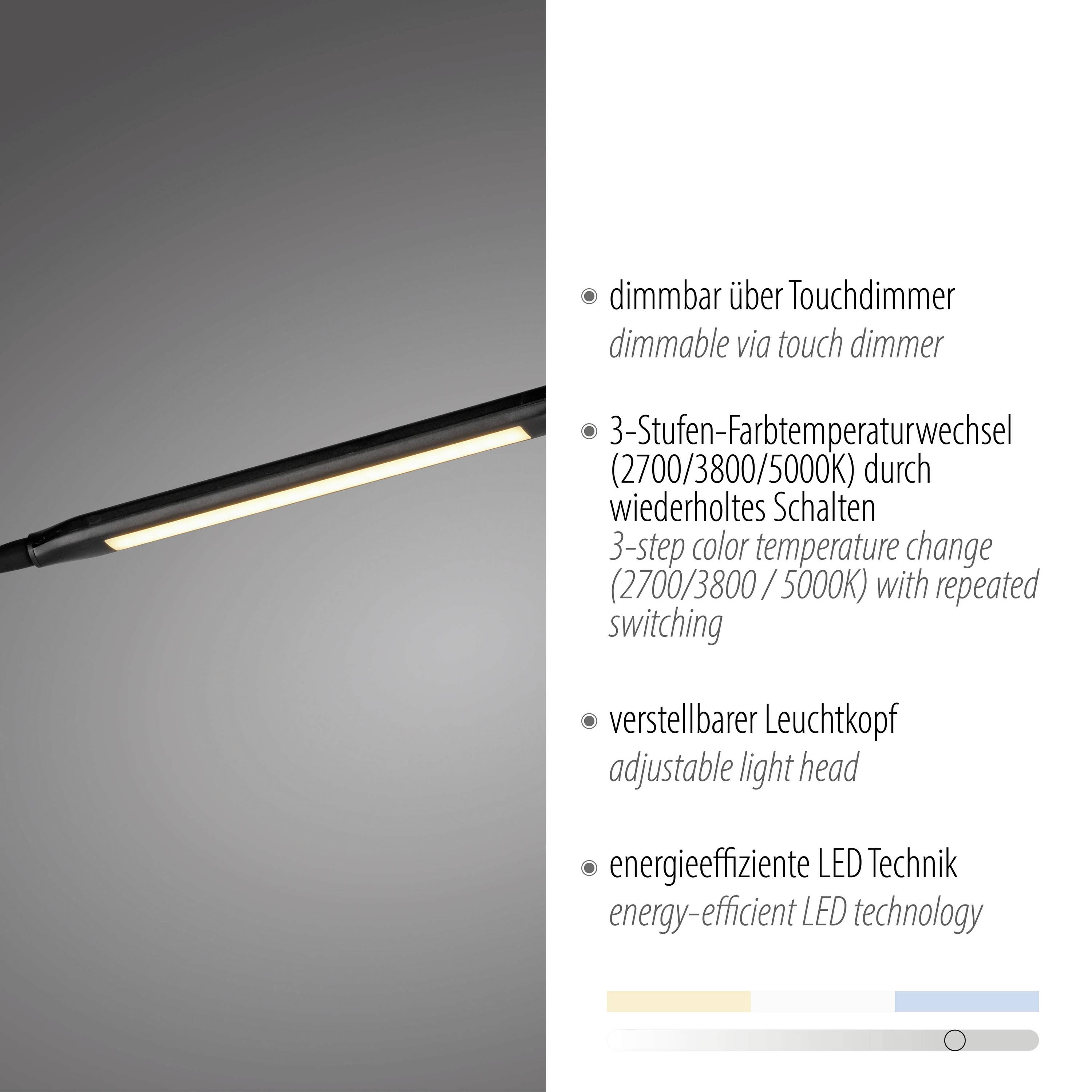 LED-Lampe mit Touchdimmer, 3-stufiger Farbtemperaturwechsel (2700/3800/5000K), verstellbarem Leuchtkopf, energieeffiziente LED-Technik.