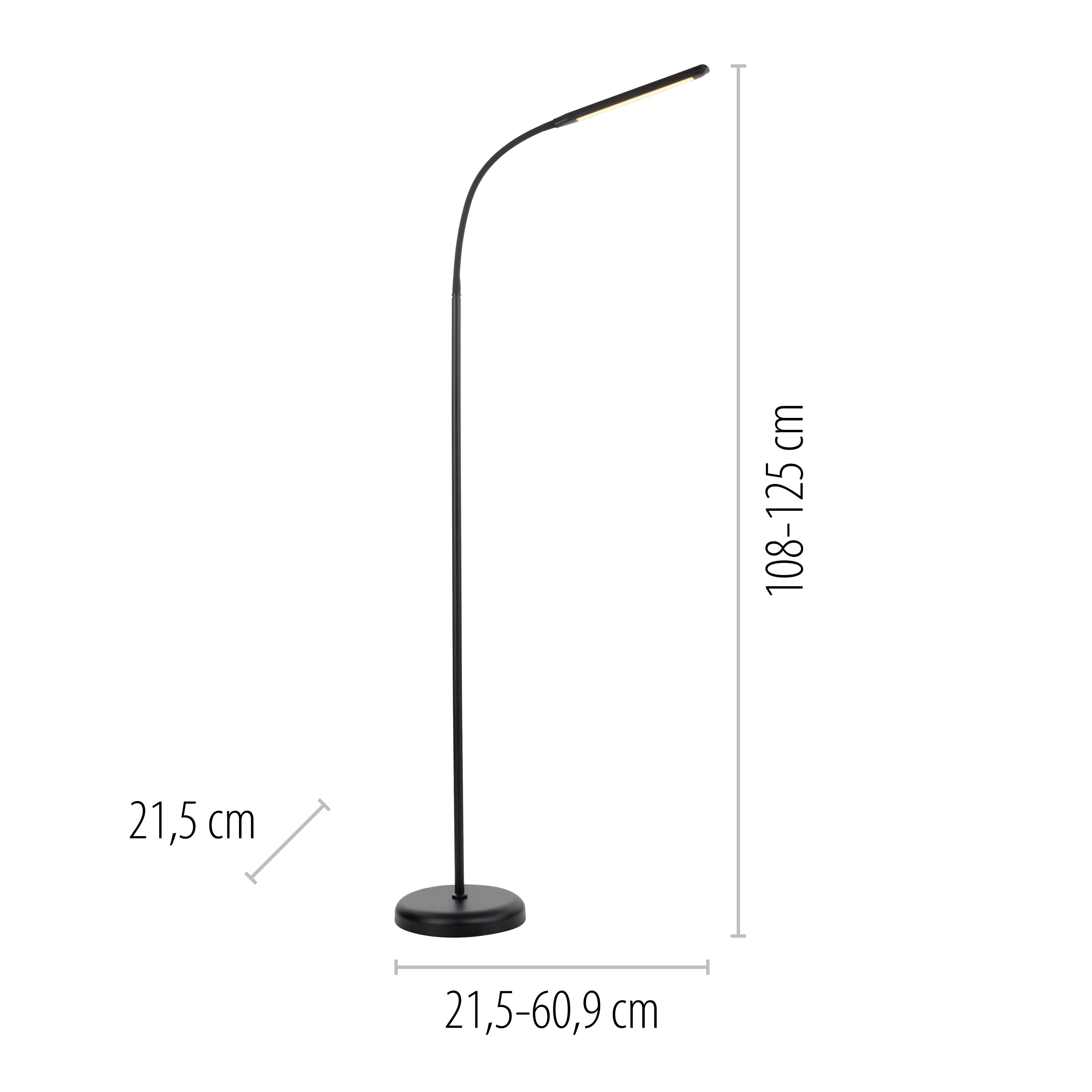 Stehlampe mit schwarzem, schlankem Design, verstellbar von 108 bis 125 cm Höhe, Sockeldurchmesser 21,5 bis 60,9 cm.