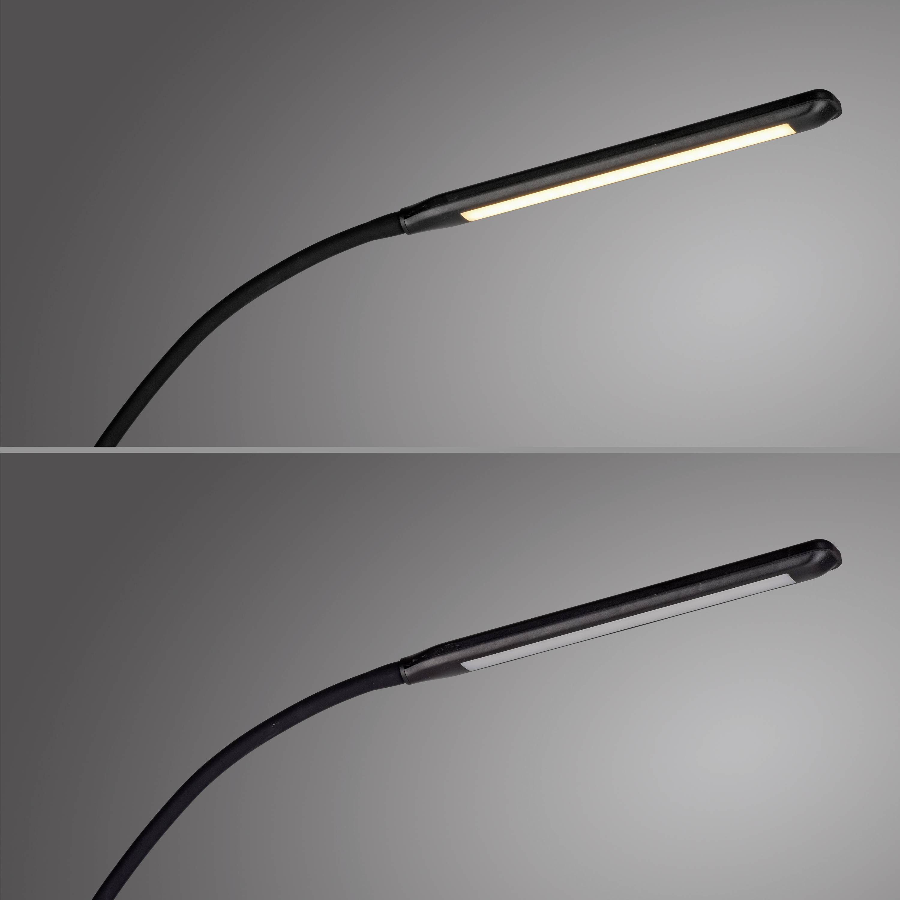 Moderne schwarze Stehlampe in einem abgedunkelten Raum, oben mit eingeschaltetem warmem Licht und unten ausgeschaltet.