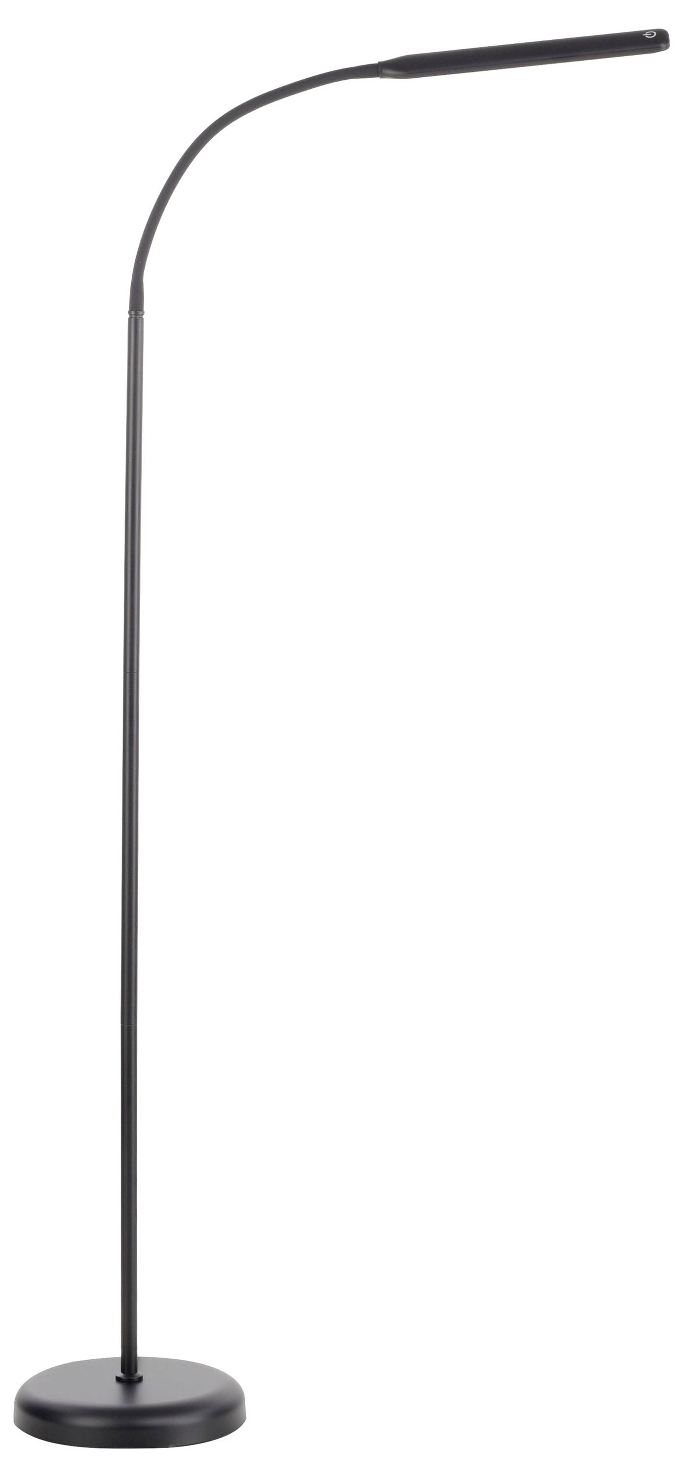 Schwarze Stehleuchte mit gebogenem, flexiblem Hals und rundem Sockel, geeignet für modernes Wohnambiente.