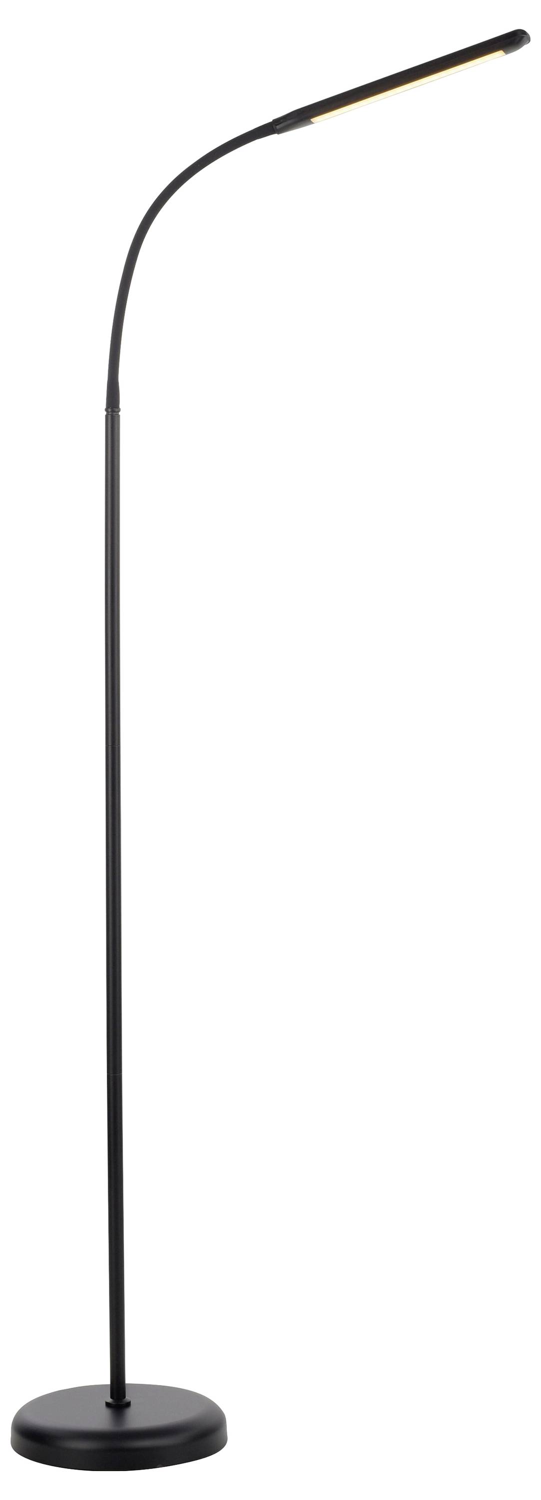 Stehleuchte mit biegsamem, schlankem Hals und rundem Sockel, komplett in Schwarz gehalten. Ideal für gezielte Beleuchtung.