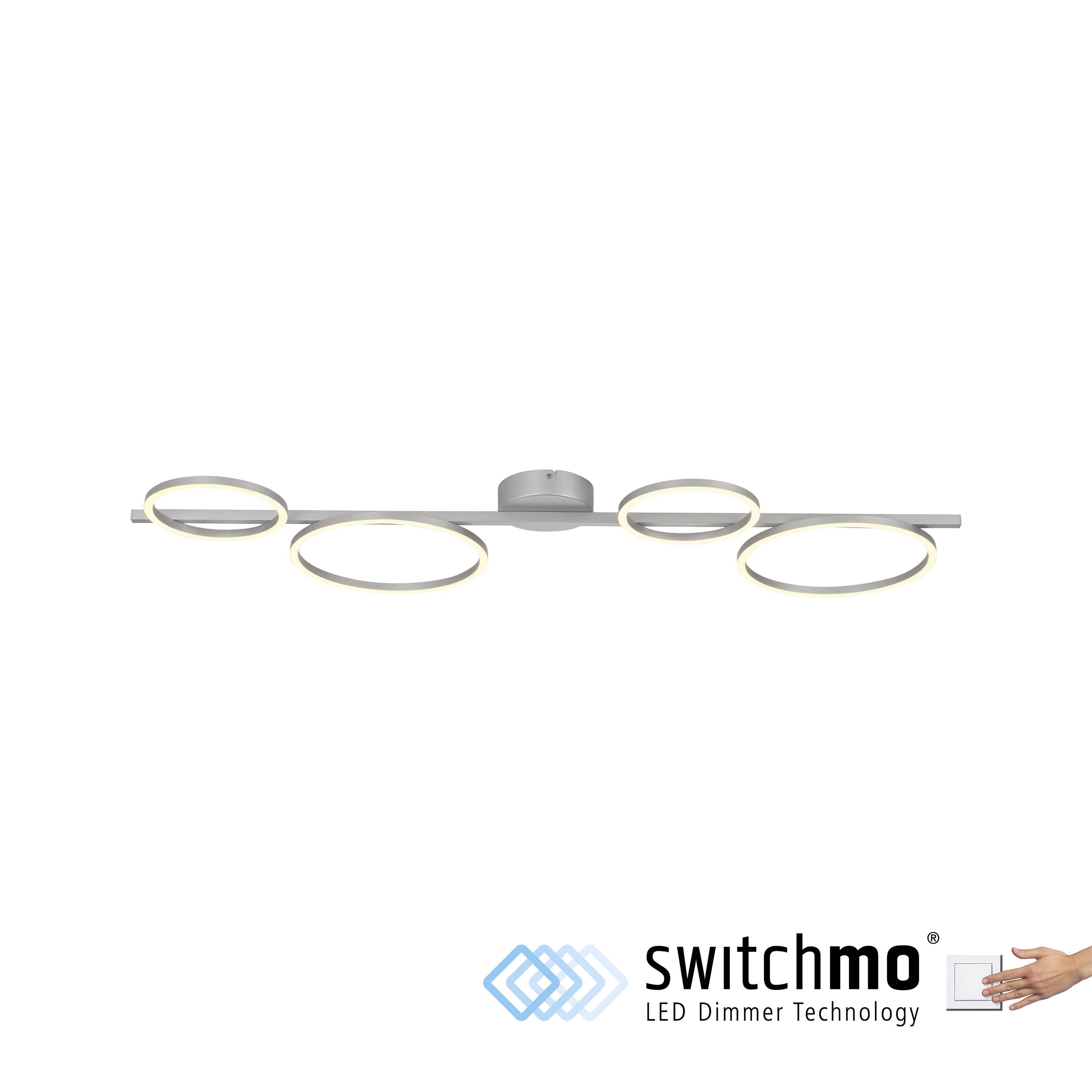 Deckenleuchte mit modernem Design, bestehend aus fünf runden LED-Ringen. Logo 'Switchmo LED Dimmer Technology' unten rechts.