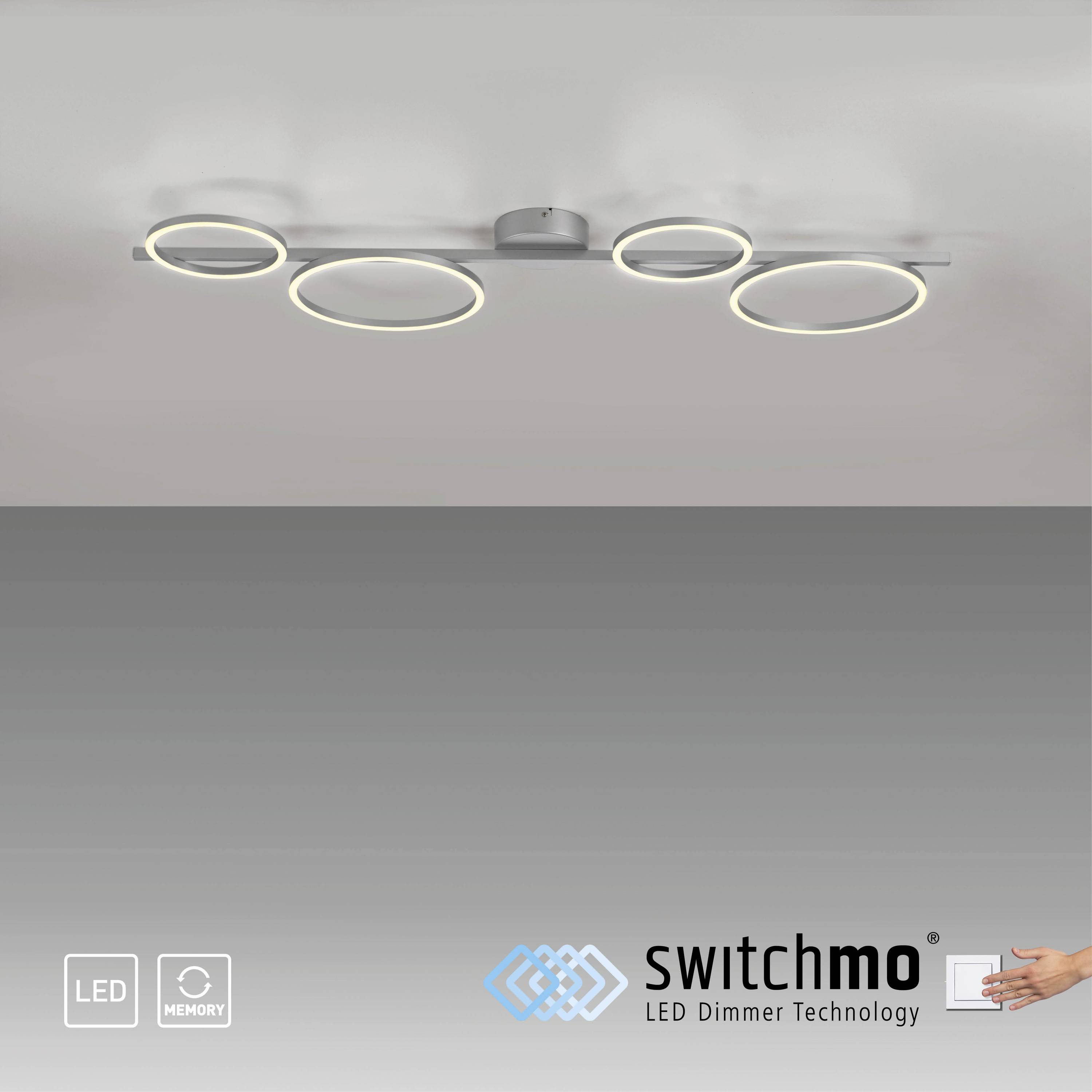 'Switchmo LED-Dimmer-Technologie: 3-fach dimmen durch wiederholtes Schalten!' zeigt einen Lichtschalter mit Hand beim Drücken.