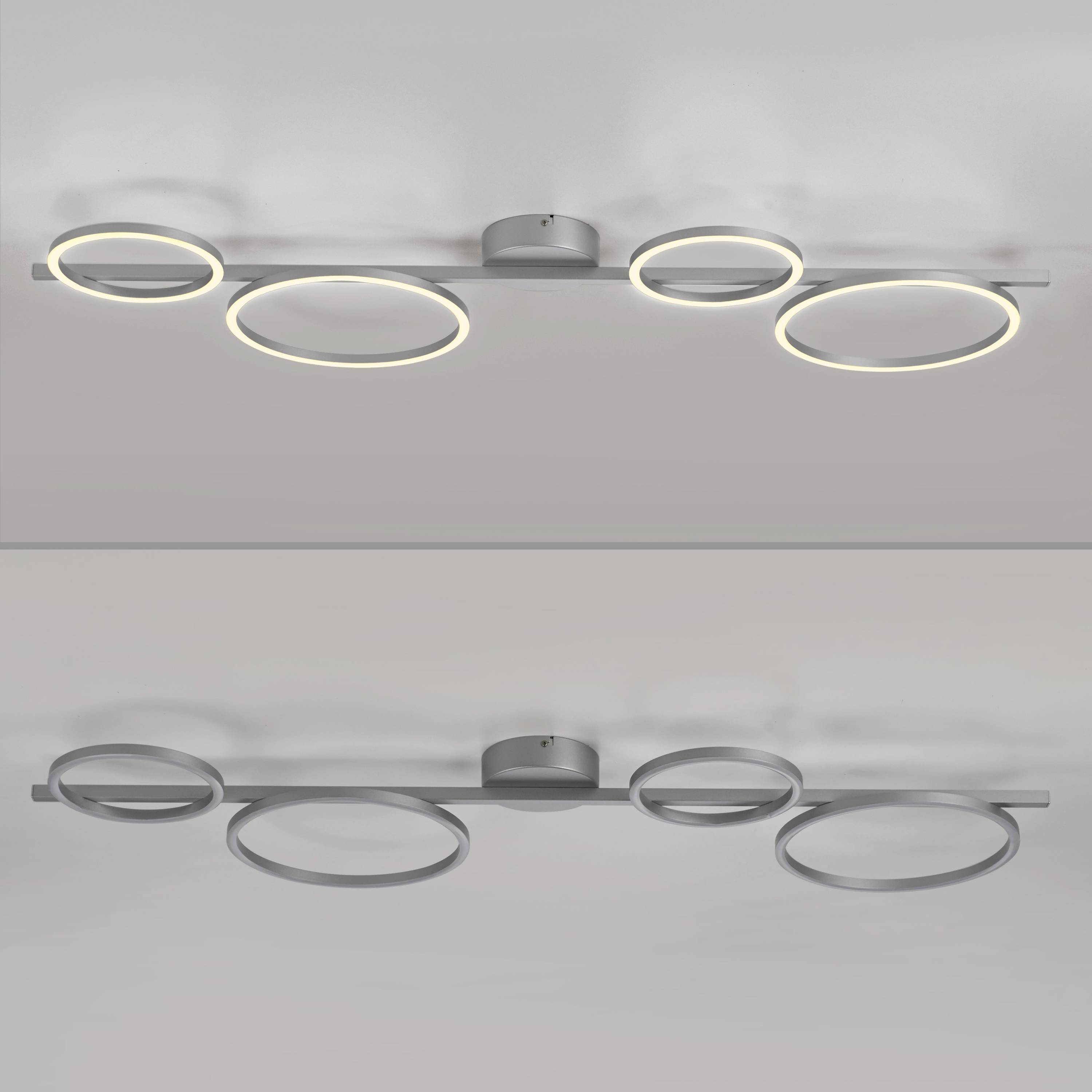 Eine Deckenleuchte mit fünf runden LED-Ringen in modernem Design, bringt stilvolle Beleuchtung in den Raum.