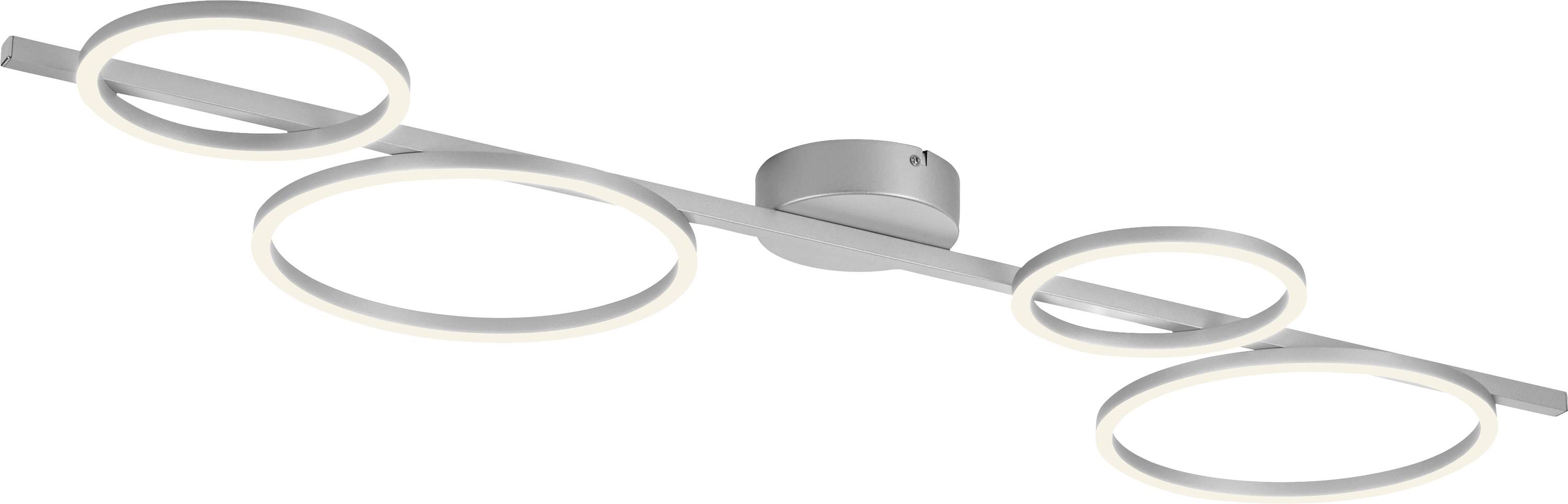 Eine moderne Deckenleuchte mit vier runden LED-Ringen, die gleichmäßig Licht nach unten abstrahlen.