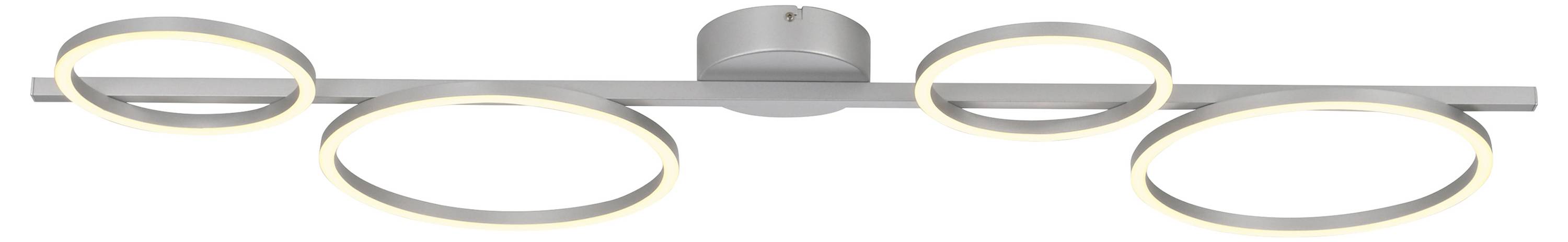 Moderne Deckenleuchte mit vier kreisförmigen, leuchtenden Ringen, montiert an einer Metallstange.