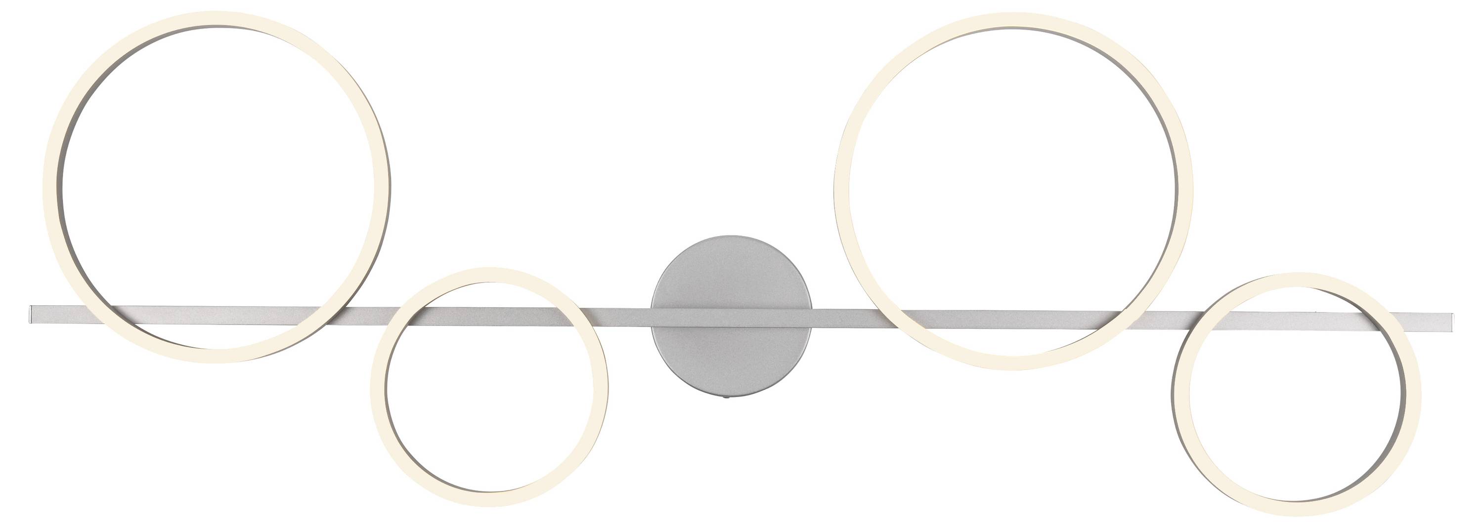 Eine moderne LED-Wandleuchte mit vier leuchtenden Ringen, symmetrisch um eine zentrale Halterung angeordnet, in einem minimalistischen Design.