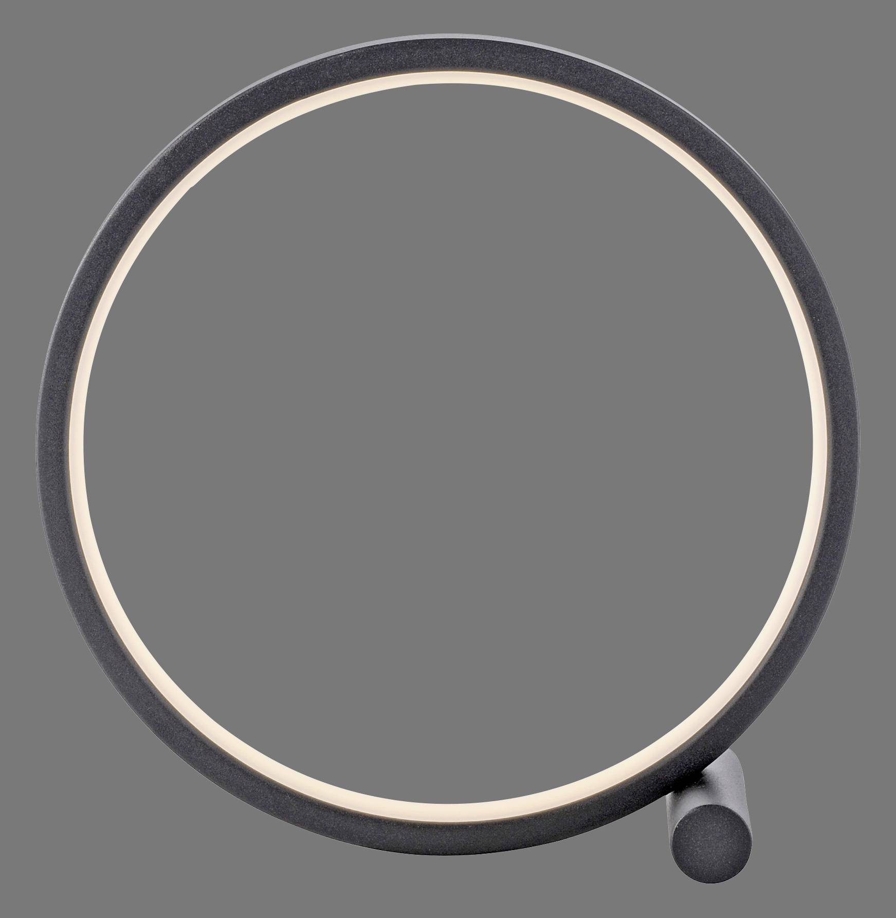 Ein schwarzer runder Rahmen mit einem leuchtenden inneren Rand auf grauem Hintergrund.