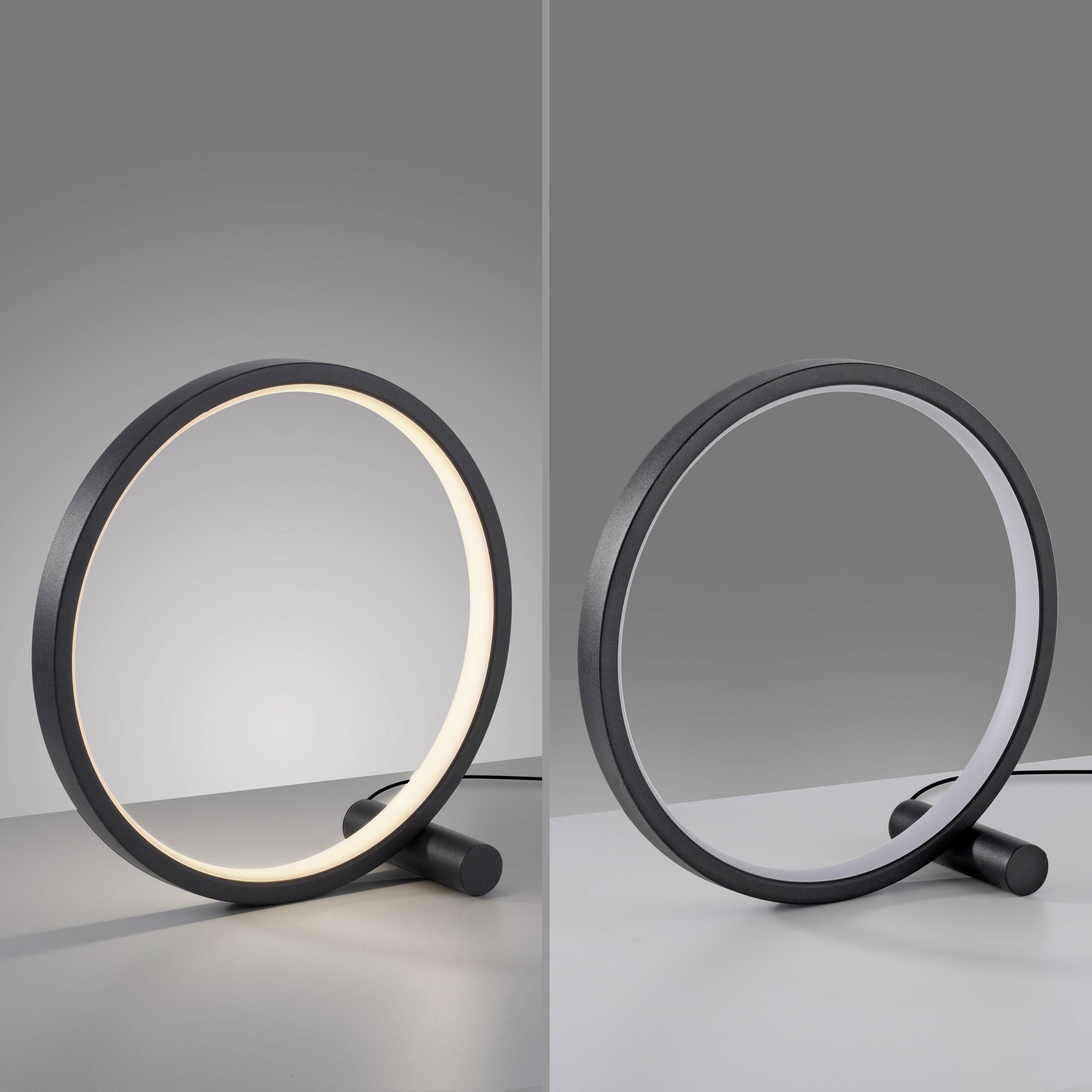 Runder LED-Tischleuchte im modernen Design, leuchtet auf der linken Seite. Rechts als ausgeschaltete Variante dargestellt.