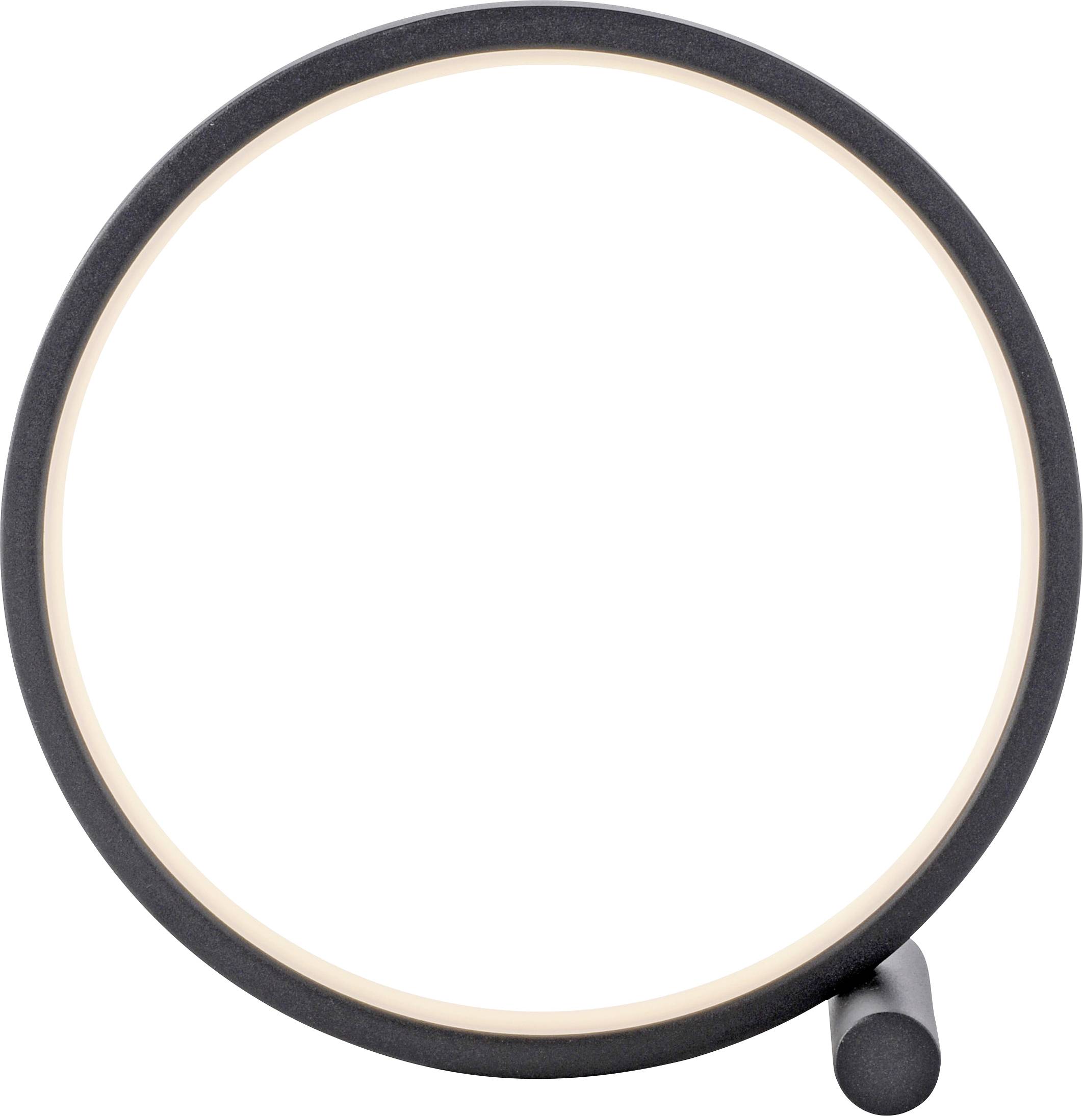 Ein runder, schwarzer Rahmenhalter mit einem leeren, transparenten Bereich in der Mitte. Der Rahmen steht leicht schräg auf einem runden Sockel.