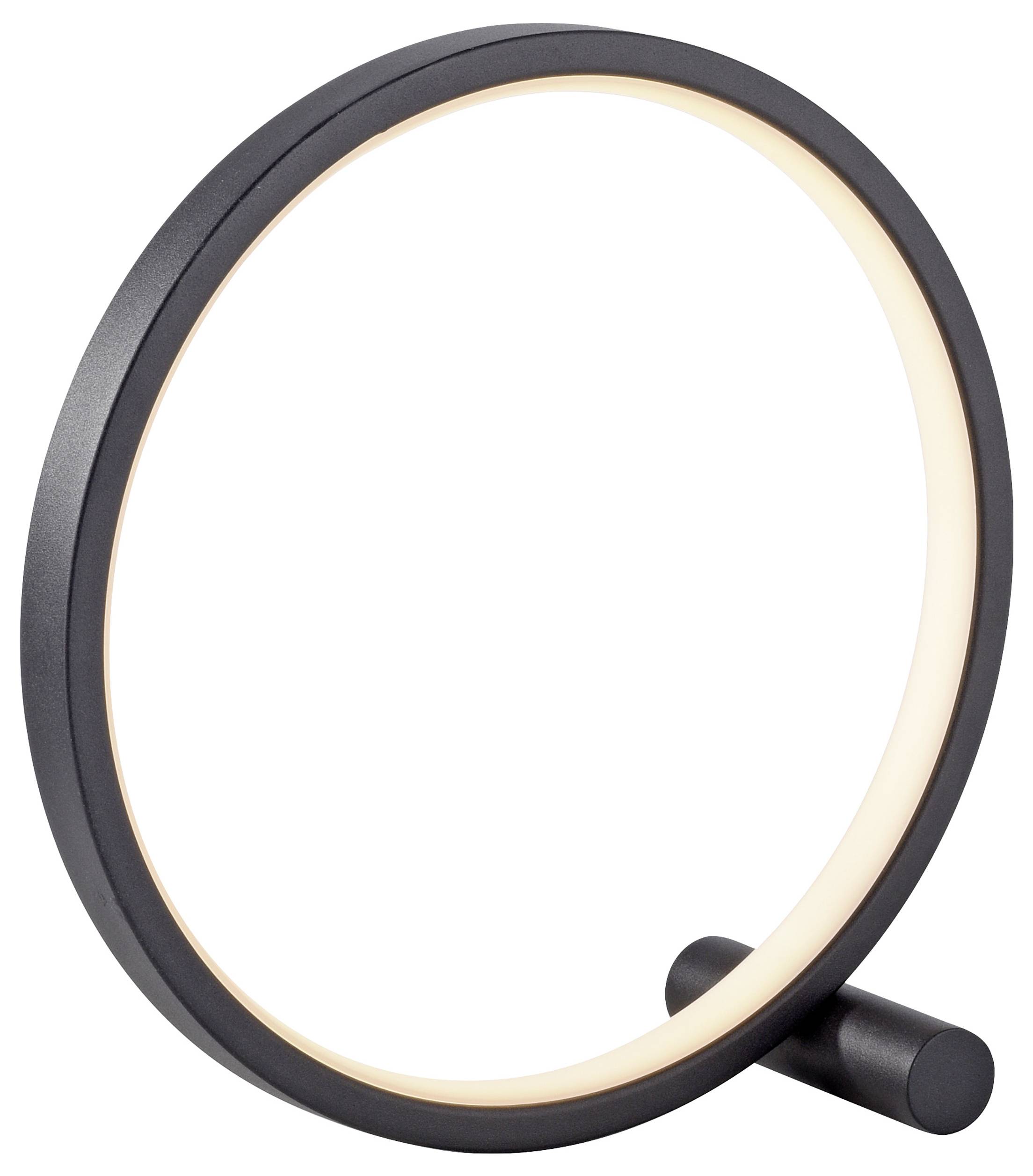 Eine runde, moderne Tischleuchte mit einem schlichten, schwarzen Rahmen, der auf einem zylindrischen Sockel steht.