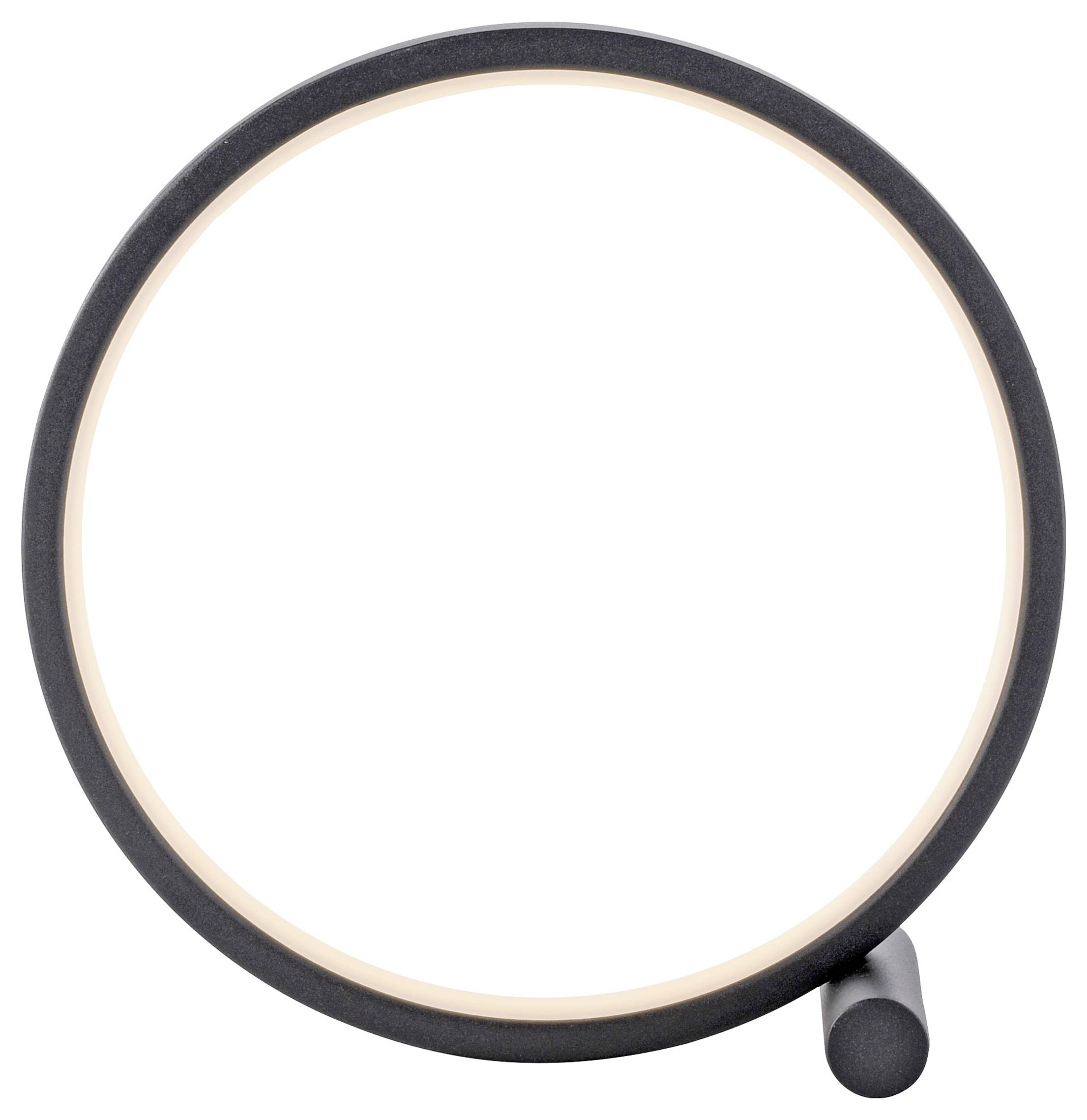 Ein kreisförmiges LED-Licht mit einem modernen, minimalistischen Design, auf einem zylindrischen Ständer.