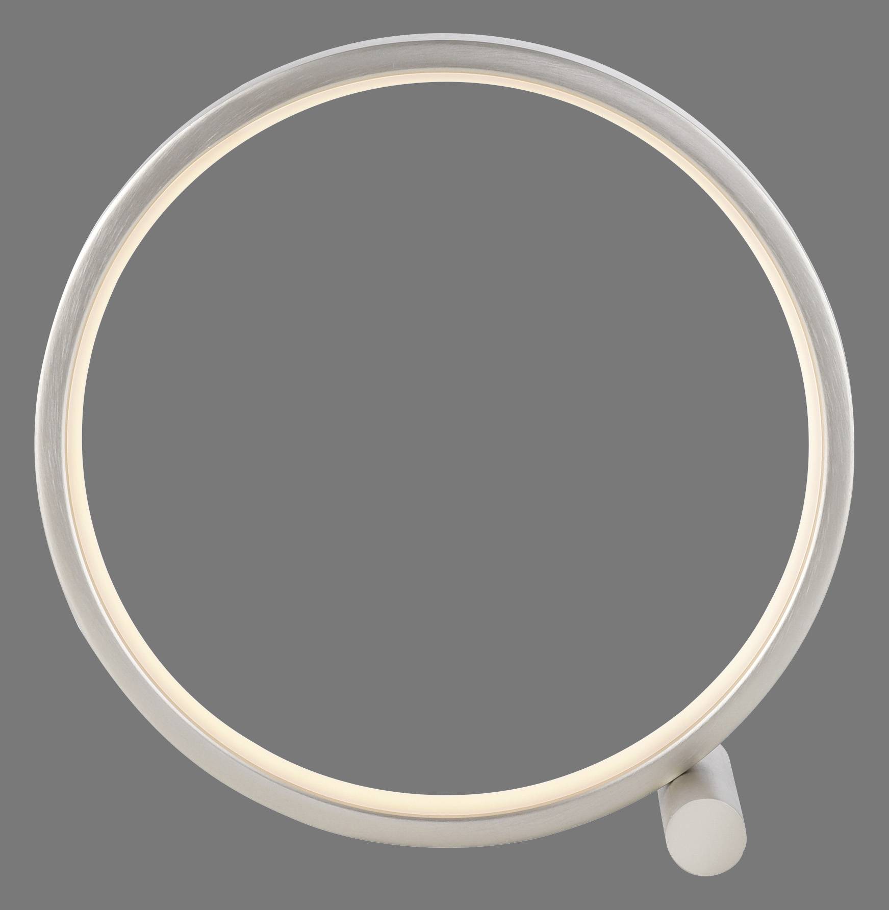 Ein runder LED-Lichtring auf grauem Hintergrund, auf einer kleinen Basis montiert. Modernes Design mit gleichmäßiger Beleuchtung.
