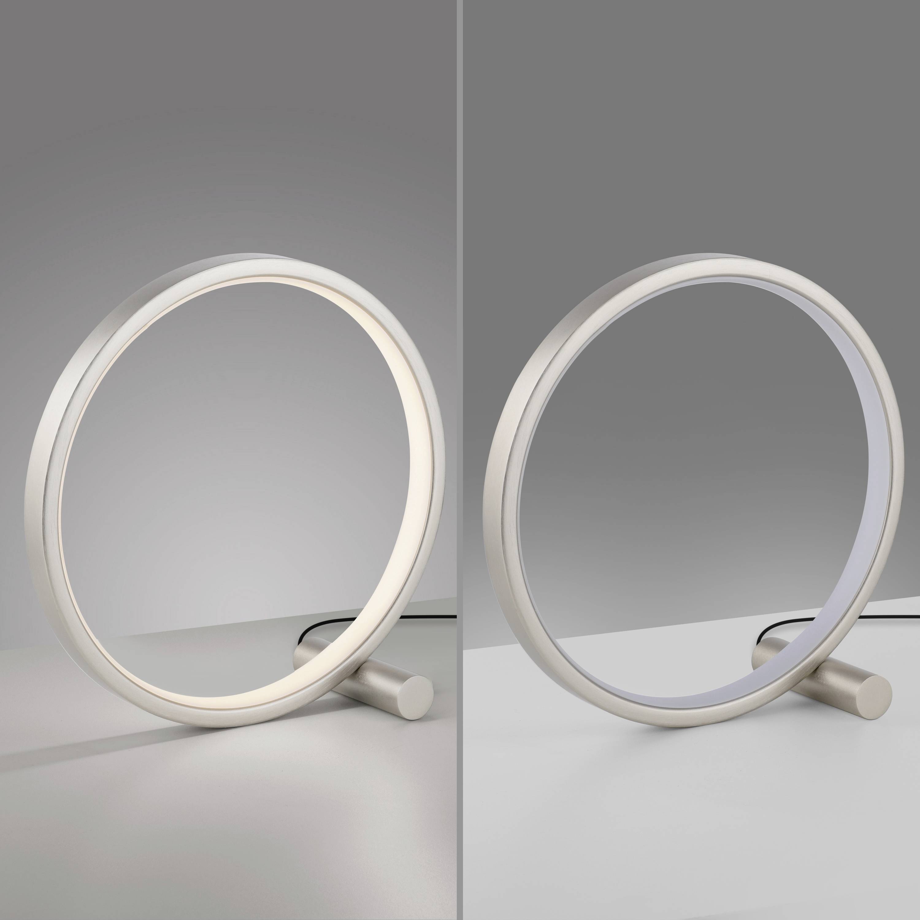 Eine moderne Tischlampe in Ringform wird auf zwei Bildern gezeigt; links leuchtet sie, rechts ist sie ausgeschaltet.