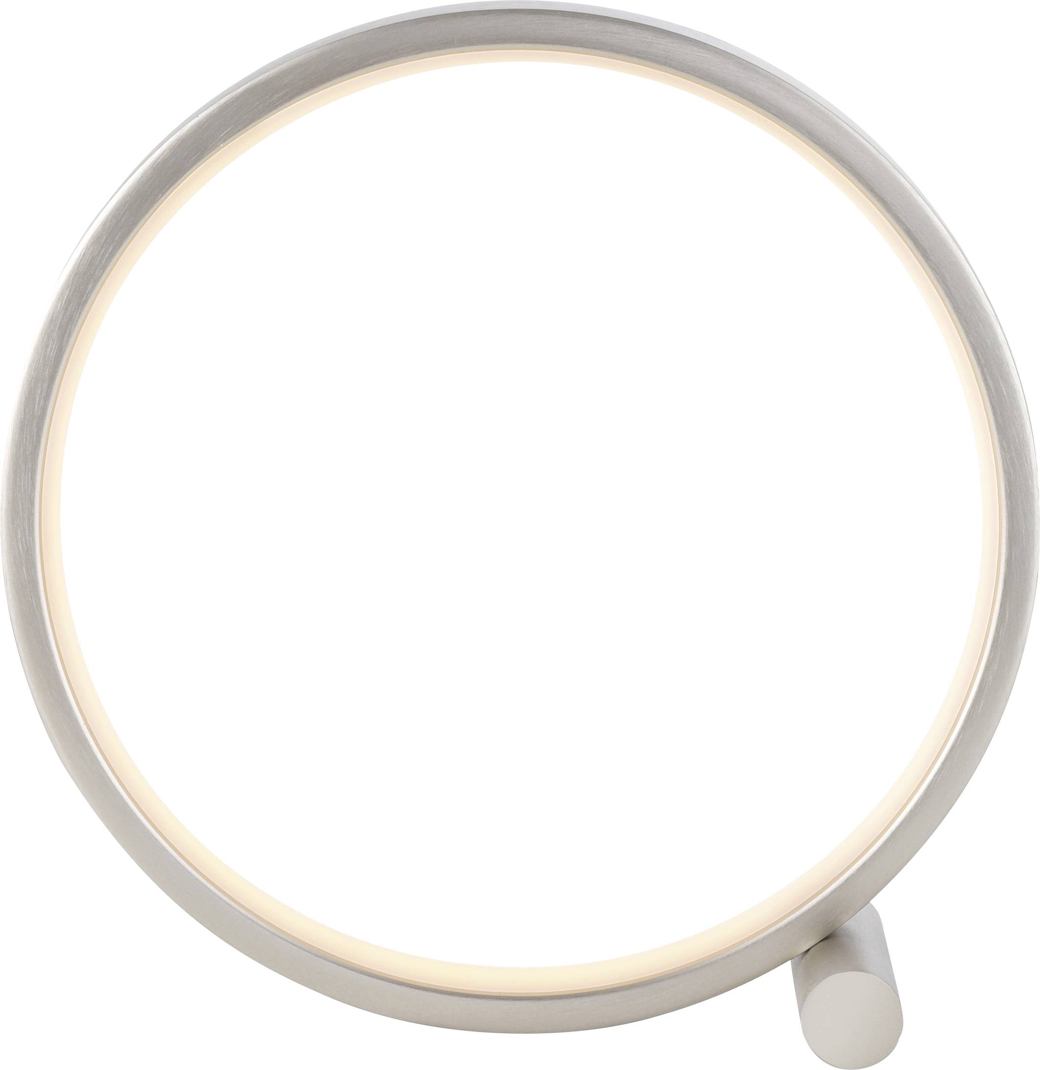 Eine runde Lampe mit einem schmalen Leuchtring auf einem kleinen Sockel, minimalistisch und modern gestaltet.