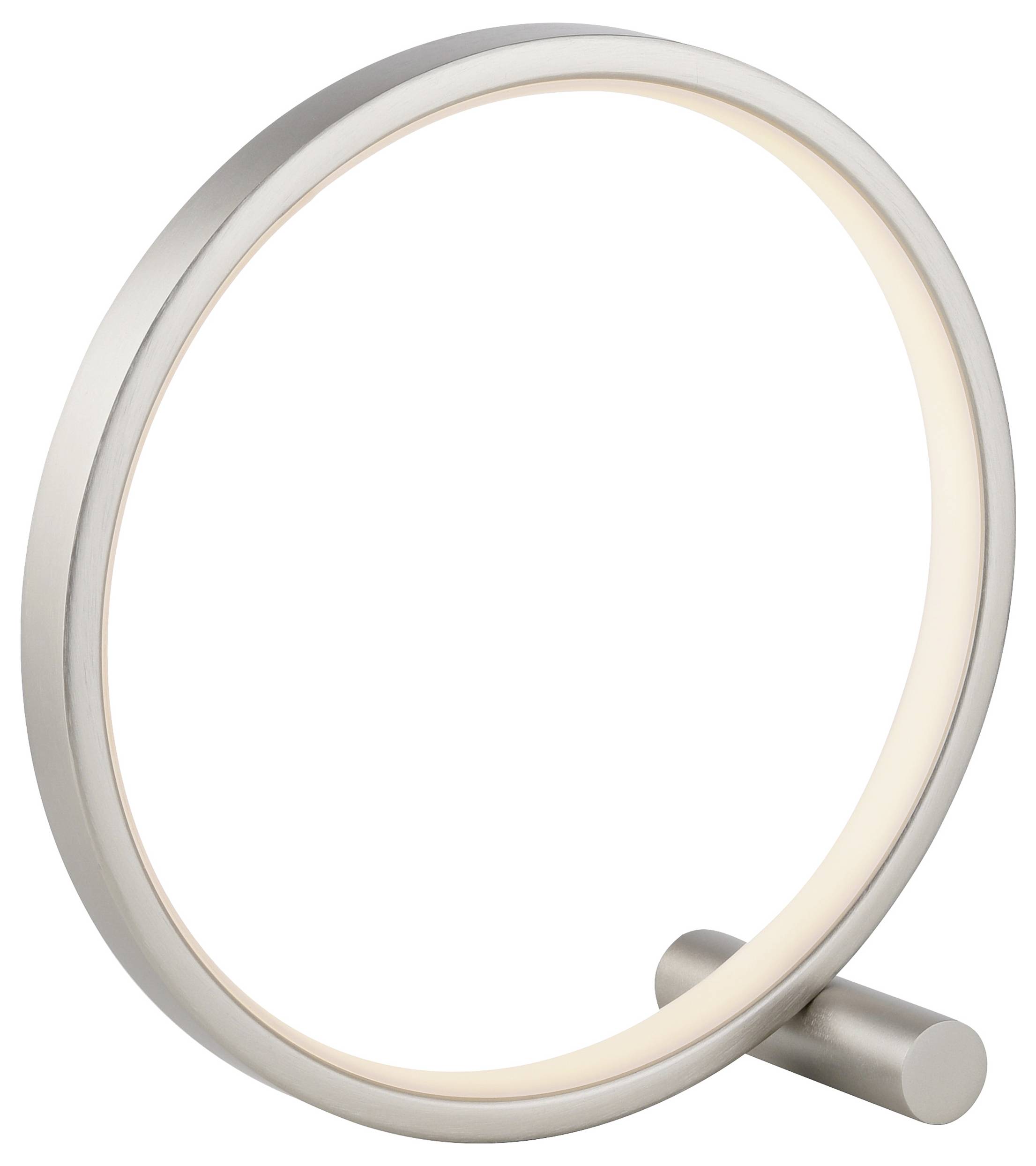 Rundes, modernes LED-Licht mit silbernem Rahmen, das auf einem kurzen zylindrischen Fuß steht. Minimalistisches Design für Innenräume.