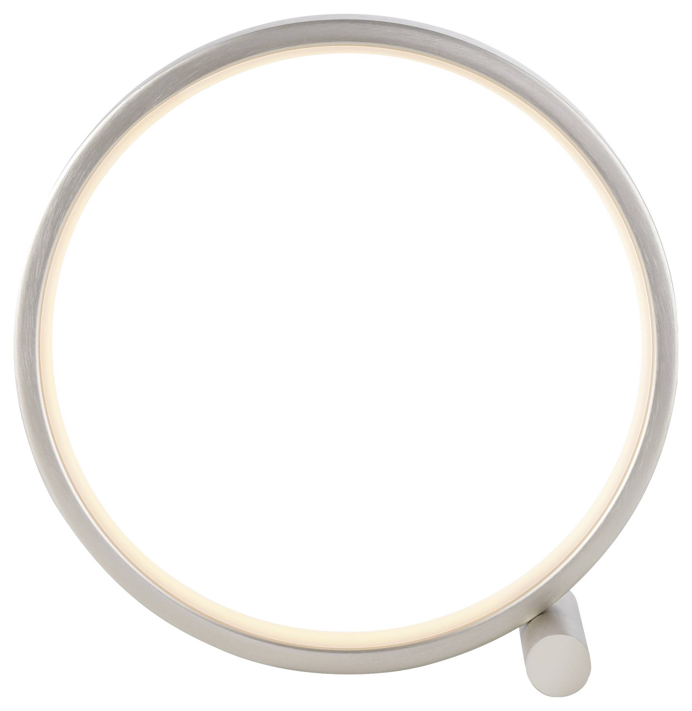 Runder, minimalistischer Leuchtring mit silbernem Rahmen auf kleinem Ständer.