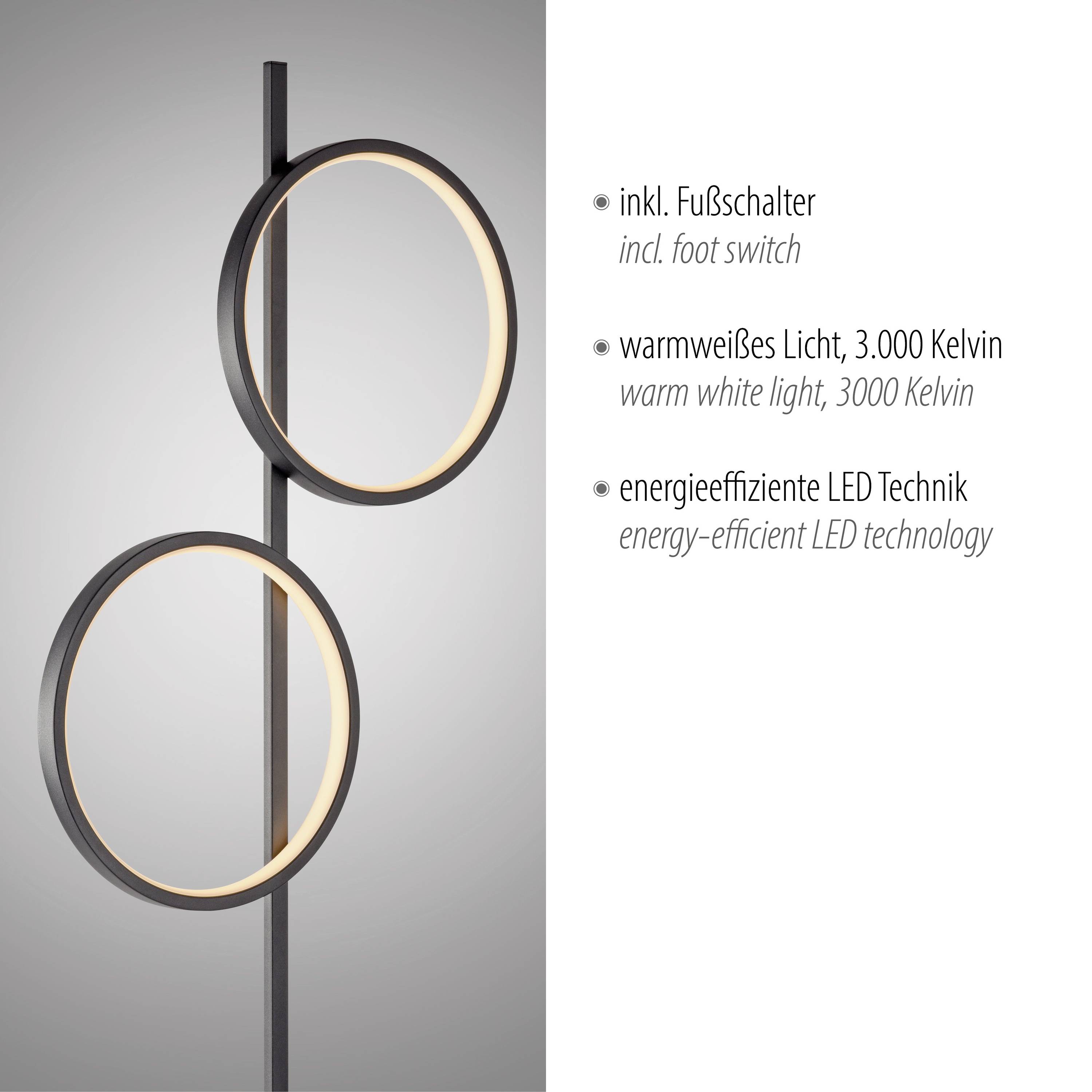 Zwei LED-Ringe an einer Stange, warmweißes Licht, 3000 Kelvin, energieeffizient, mit Fußschalter.