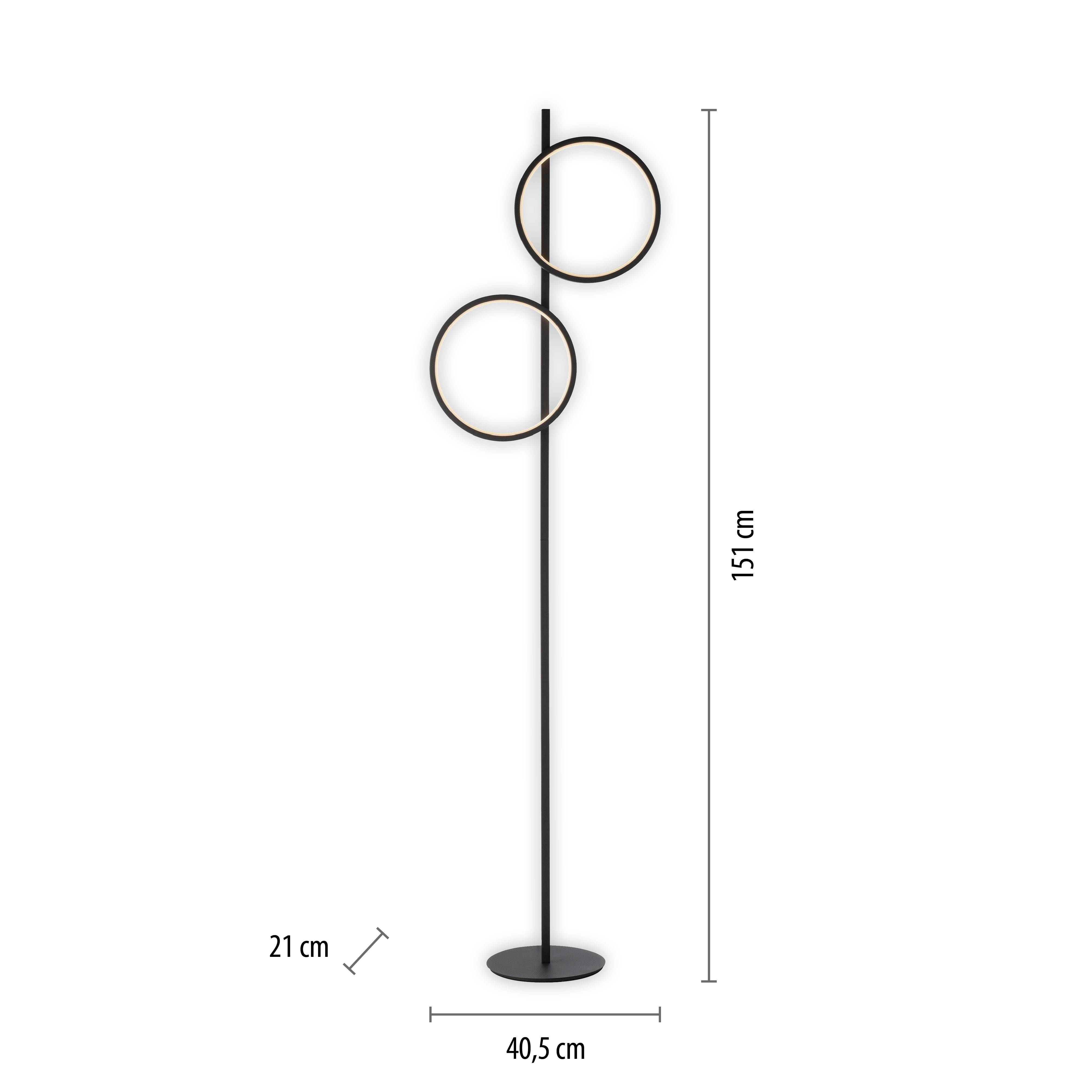 Stehlampe mit zwei runden Leuchten. Höhe 151 cm, Breite 40,5 cm, Sockel 21 cm. Schwarze Stange, modernes Design.