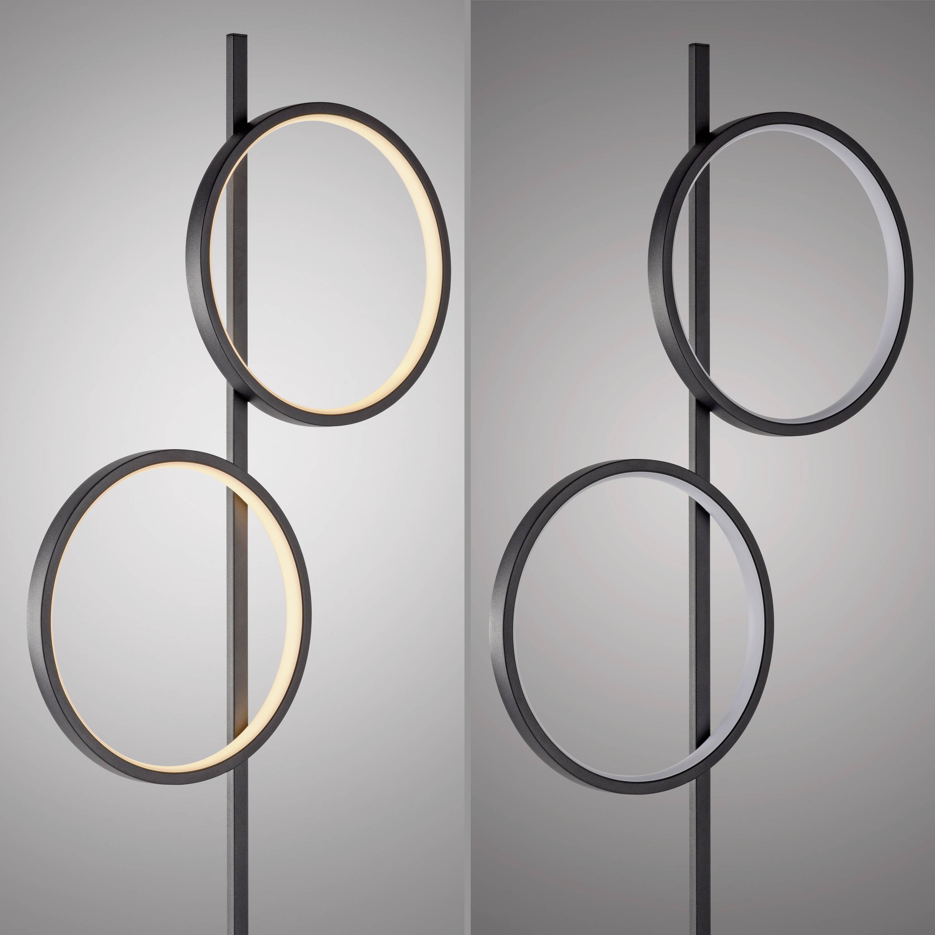 Zwei moderne Stehleuchten nebeneinander, links mit eingeschaltetem Licht, rechts ausgeschaltet. Runde, minimalistische Designs.