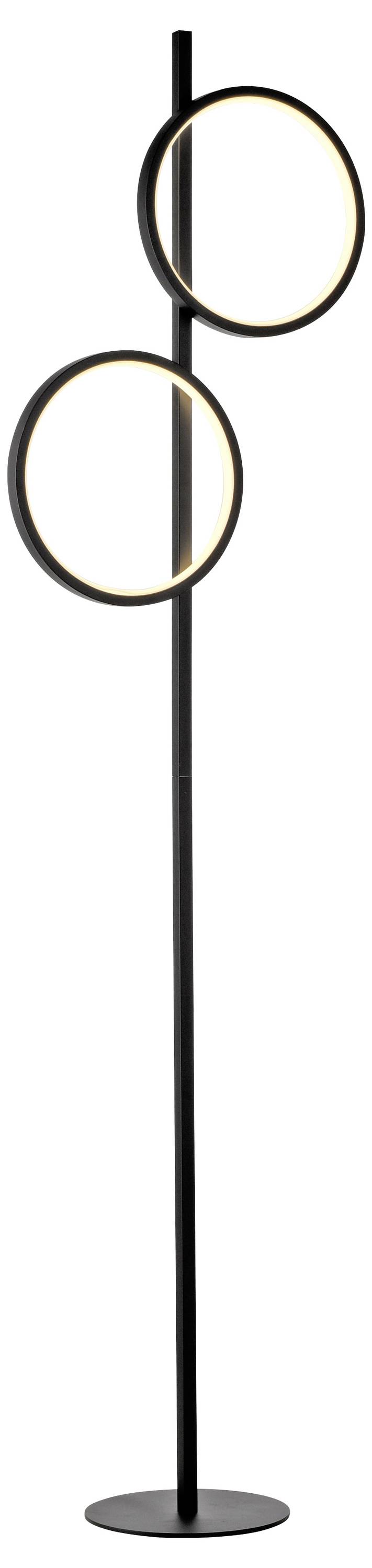 Schwarze Stehlampe mit zwei runden, leuchtenden Ringen, symmetrisch angeordnet an einem schlanken Stab. Elegant und modern.