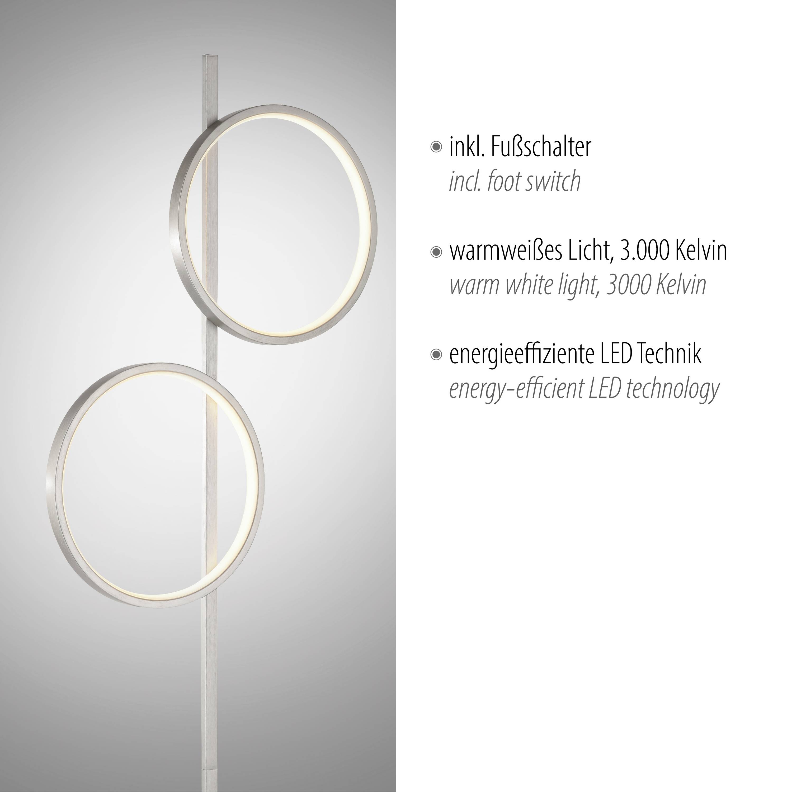 Stehlampe mit zwei kreisförmigen LED-Ringen, warmweißes Licht (3000 Kelvin), energieeffizient, inklusive Fußschalter.