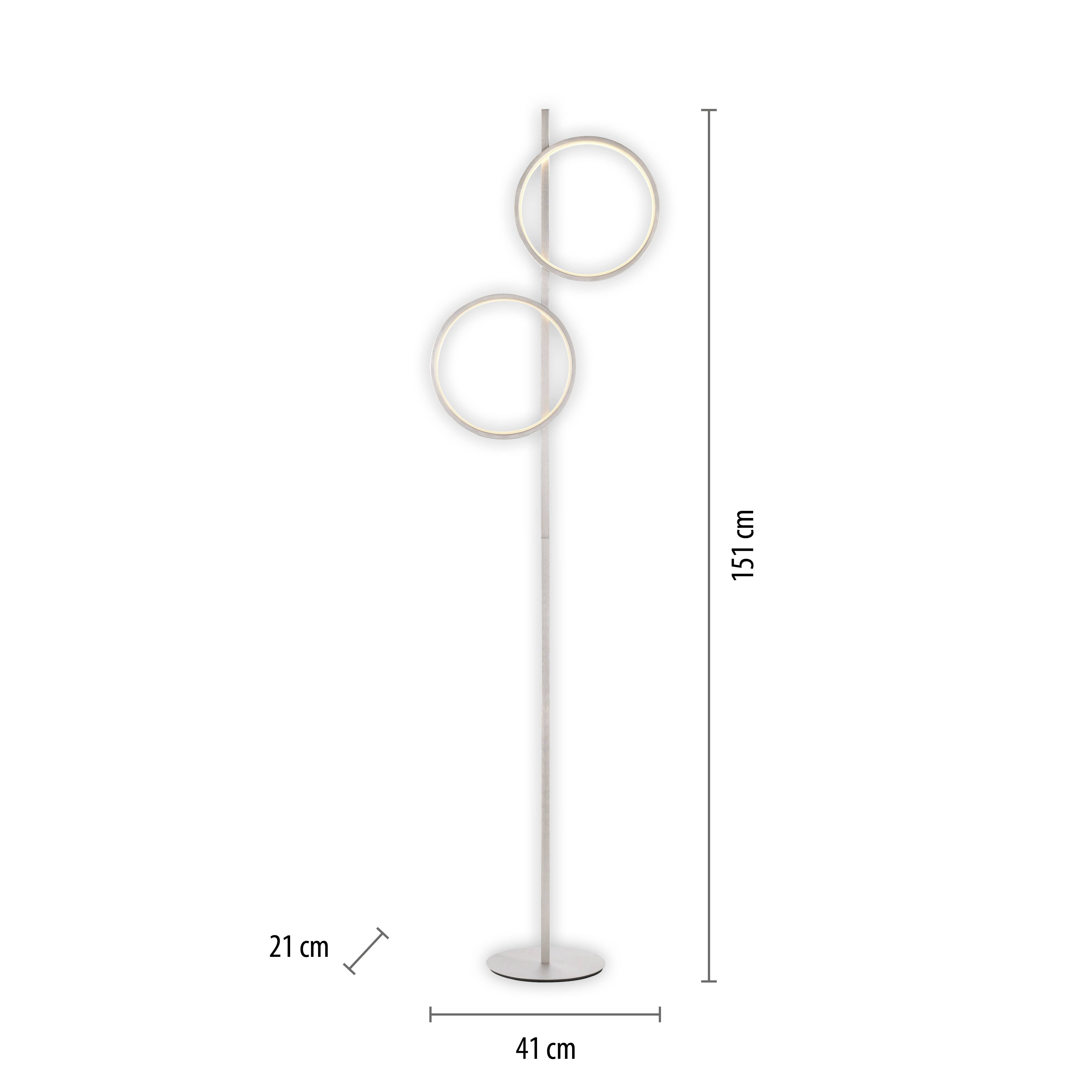 Stehlampe mit zwei leuchtenden Ringen, Höhe 151 cm, Breite 41 cm, Tiefe 21 cm. Modernes und minimalistisches Design.