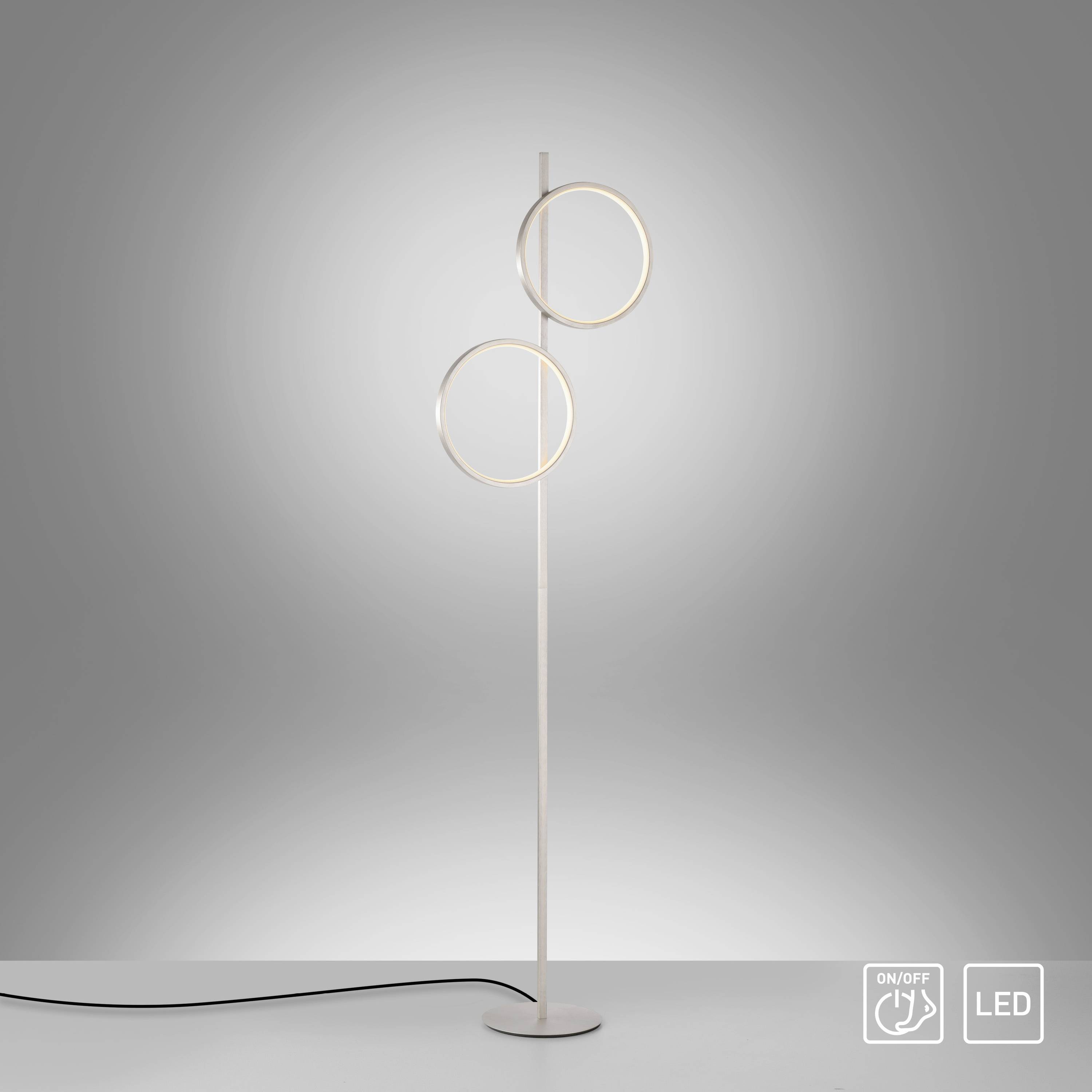 Stehlampe mit zwei leuchtenden Ringen, modernem Design, LED-Technologie, Schalter- und LED-Symbole unten rechts.