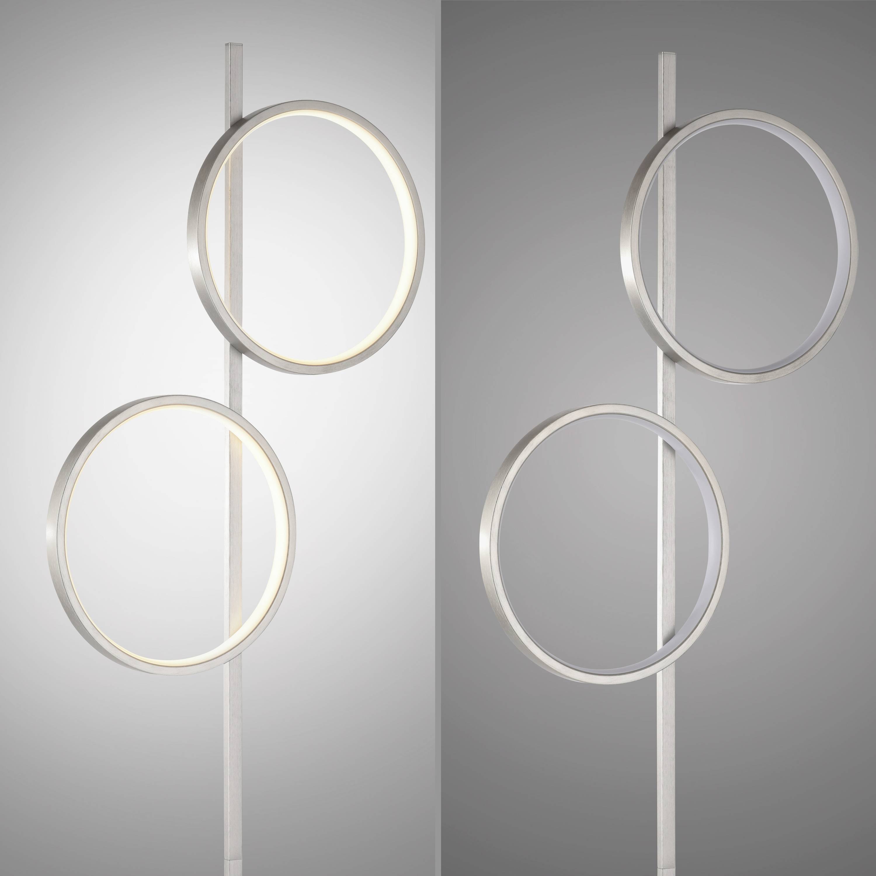 Zwei moderne, ringförmige LED-Leuchten an einer vertikalen Stange, mit einer eingeschalteten und einer ausgeschalteten Leuchte.