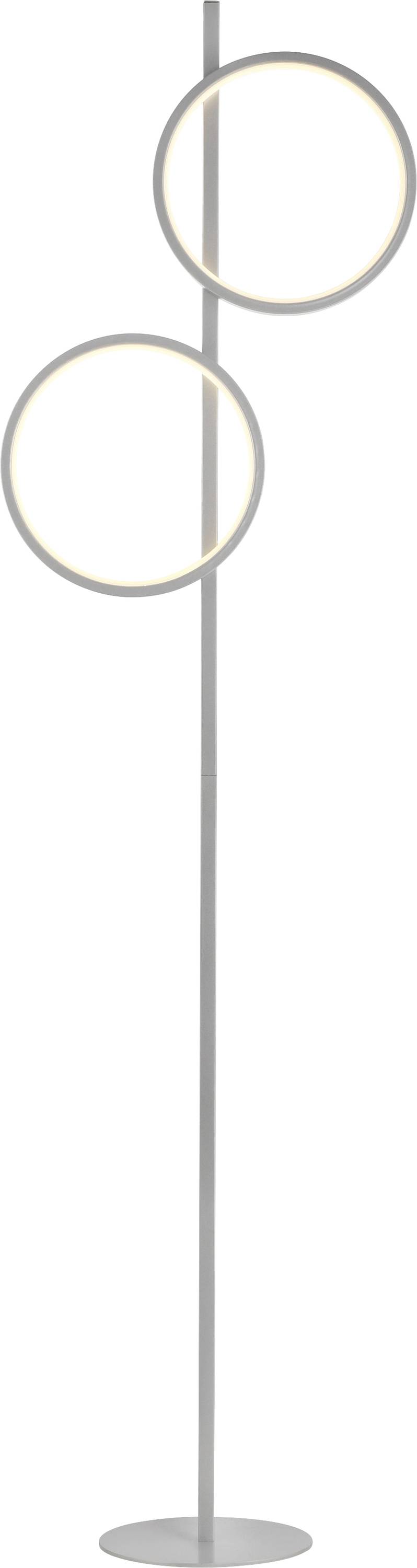 Stehleuchte mit zwei kreisförmigen, leuchtenden Elementen an geradem Ständer, minimalistisches Design.