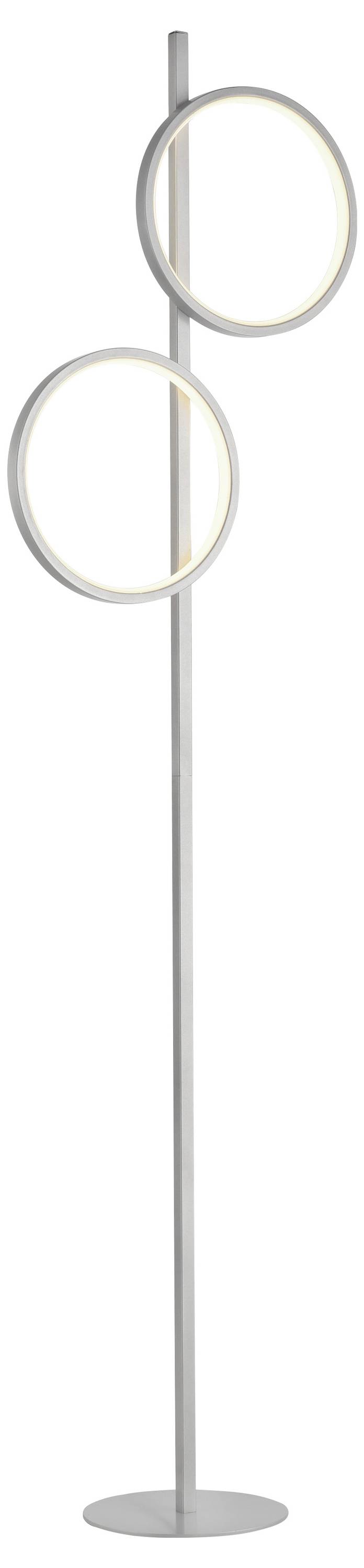 Stehlampe mit zwei leuchtenden Ringen an einem schmalen Ständer, modernes Design, minimalistische Ästhetik, silberfarbene Oberfläche.