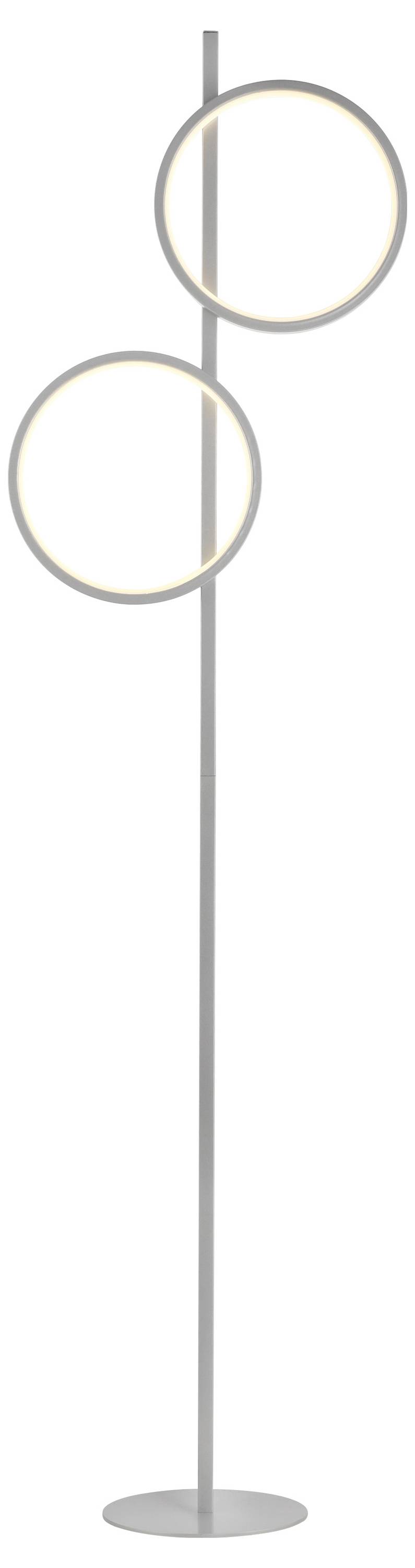 Eine moderne, stehende Lampe mit zwei leuchtenden Ringen an einem schlanken Metallstab. Ideal für minimalistisches Raumdesign.