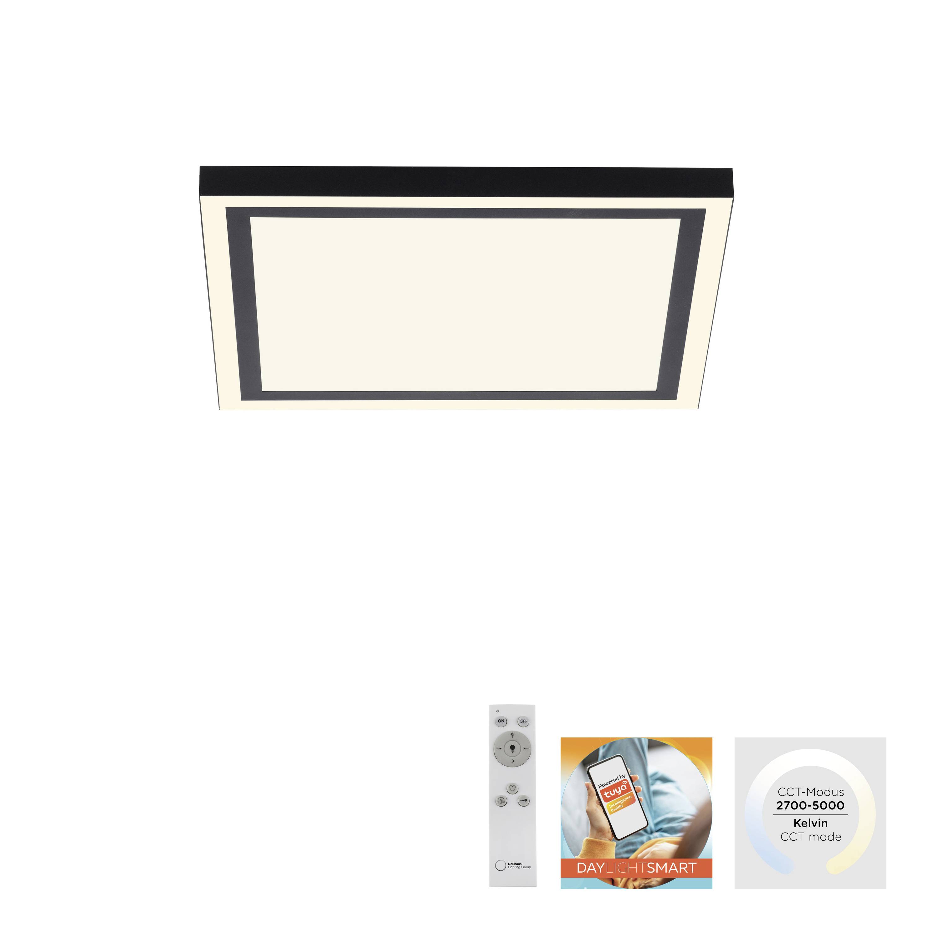 Eine rechteckige LED-Deckenleuchte mit Fernbedienung und 'CCT 2700-5000 Kelvin'-Anpassung, beschriftet mit 'DAYLIGHT SMART'.