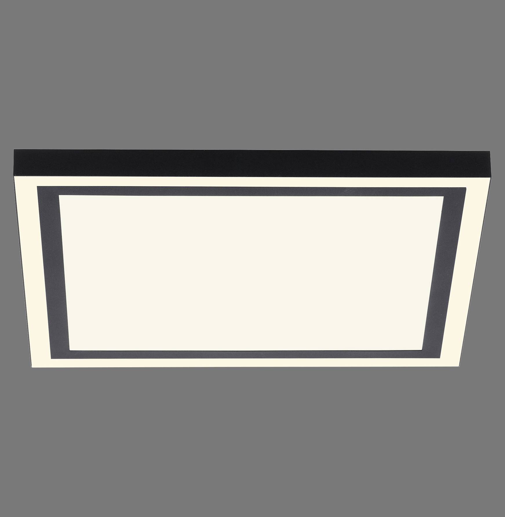 Rechteckige LED-Deckenleuchte mit schwarzem Rahmen auf grauem Hintergrund. Minimalistisches Design für moderne Innenräume.