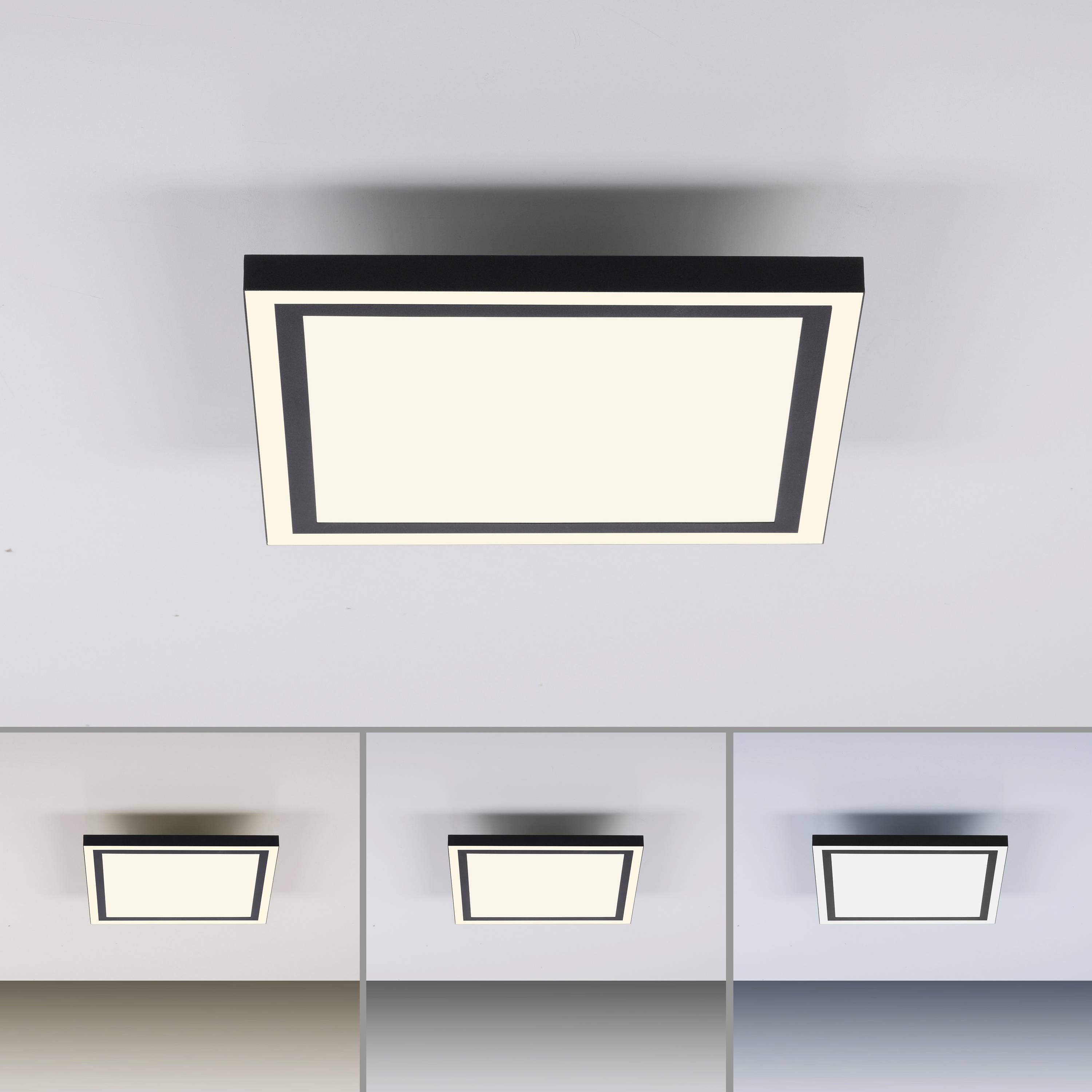 Moderne rechteckige Deckenleuchte mit schwarzem Rahmen, leuchtet warmweiß. Darunter sind drei Farbtöne: Beige, Grau, Himmelblau.