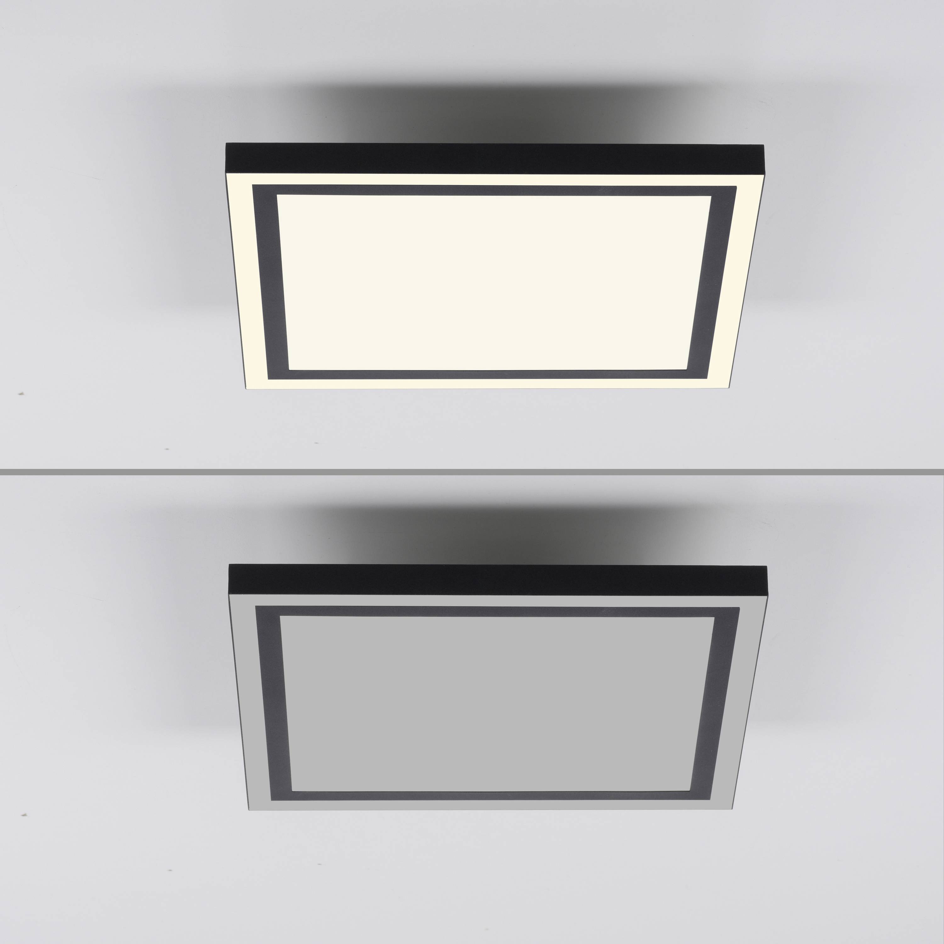Zwei quadratische Deckenleuchten in hellem und dunklem Zustand zeigen den Unterschied zwischen eingeschaltetem und ausgeschaltetem Zustand.