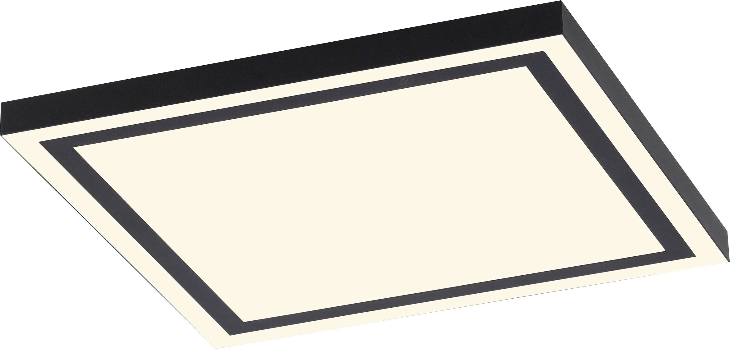 Rechteckige Deckenleuchte mit schwarzem Rahmen und hellem Innenbereich, zeigt modernes, minimalistisches Design.