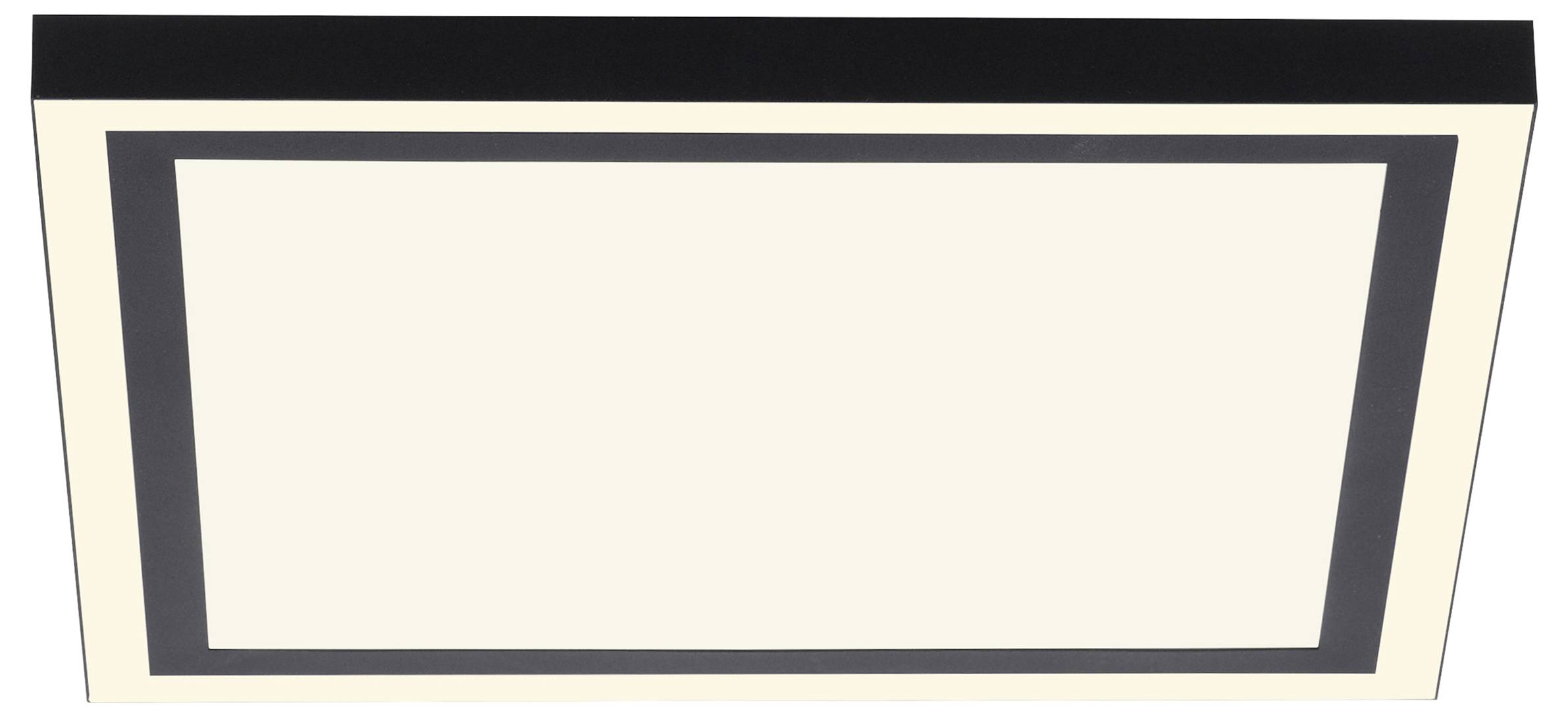 Rechteckige Deckenleuchte mit schwarzem Rand und heller Mitte, moderne und minimalistische Gestaltung.
