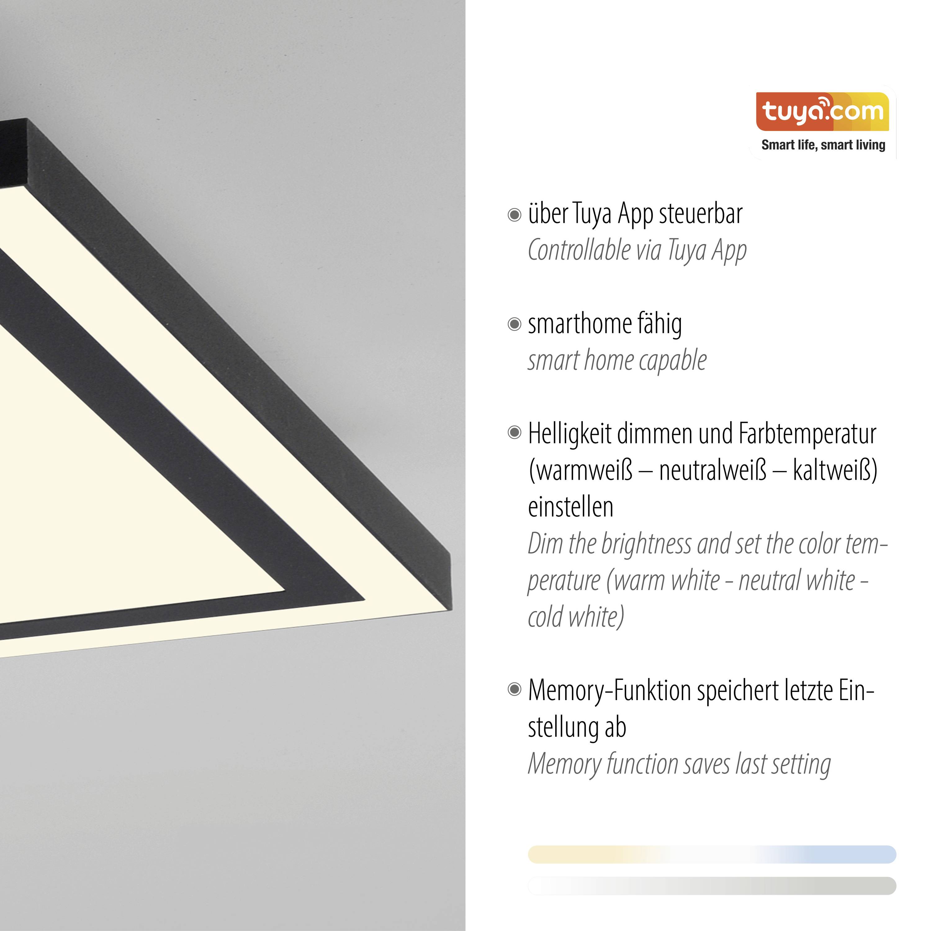 Eckige Deckenleuchte, steuerbar über App. Dimmbar, Farbtemperatur einstellbar (warm bis kaltweiß), speichert letzte Einstellungen.