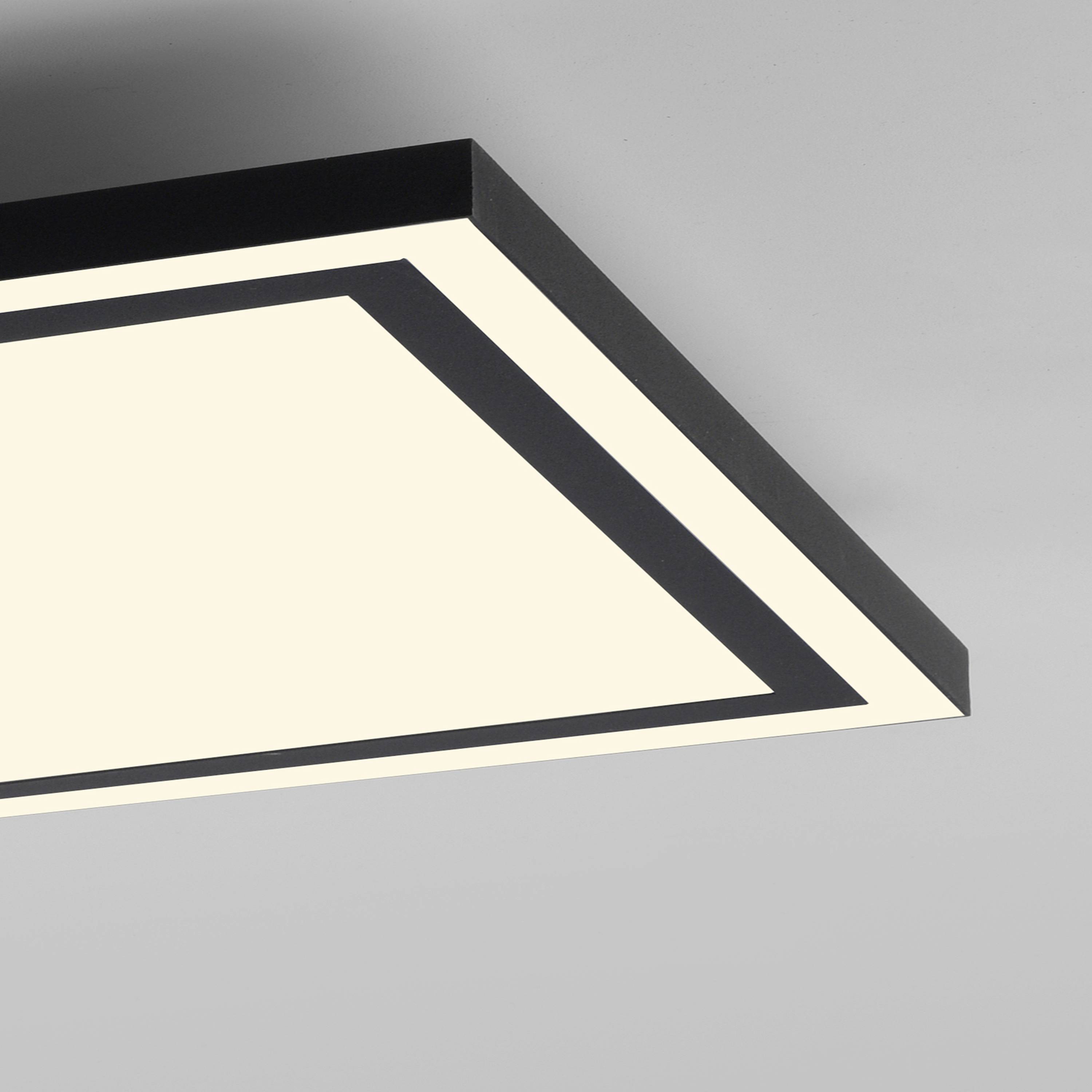 Moderne quadratische Deckenleuchte mit schwarzem Rahmen und sanfter, gleichmäßiger Lichtverteilung. Minimalistisches Design.