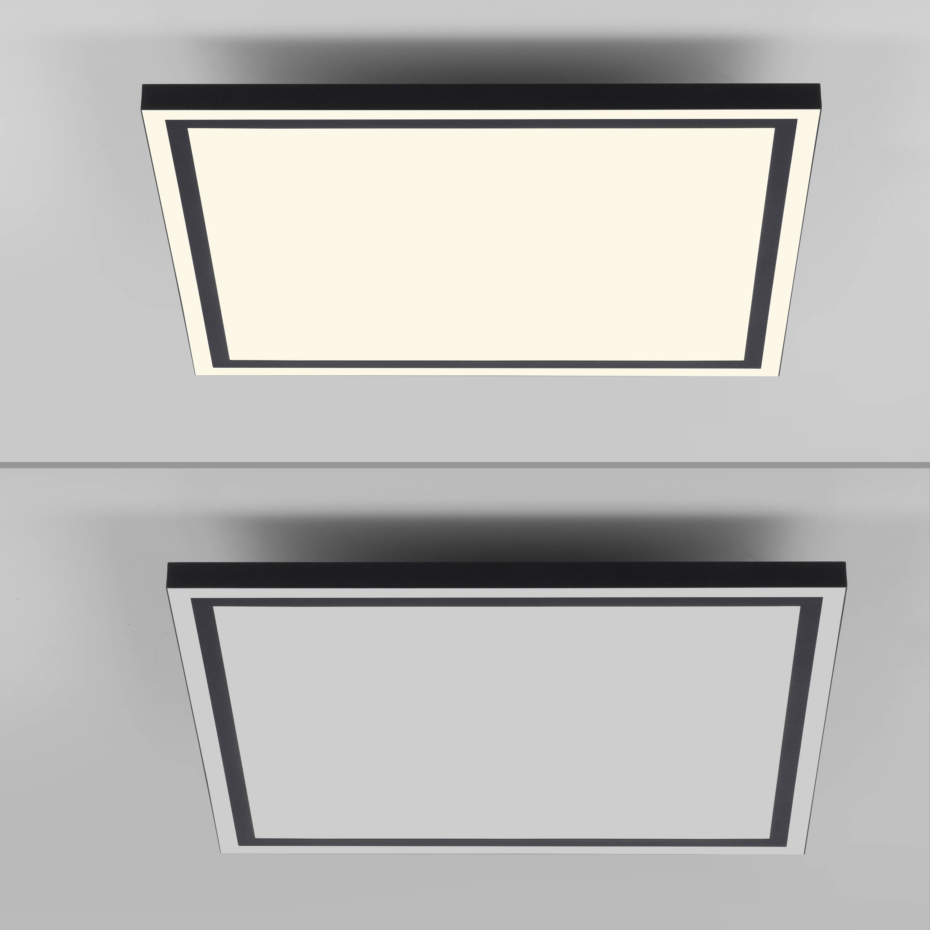 Zwei quadratische Deckenleuchten: Oben leuchtet warmweiß, unten ist ausgeschaltet.