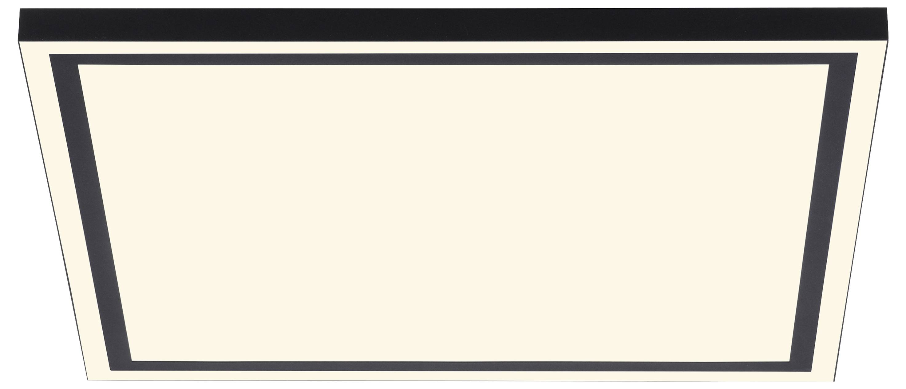 Rechteckige Deckenleuchte mit schwarzem Rahmen. Die Leuchte hat eine cremefarbene Fläche in der Mitte. Sie wirkt modern und minimalistisch.